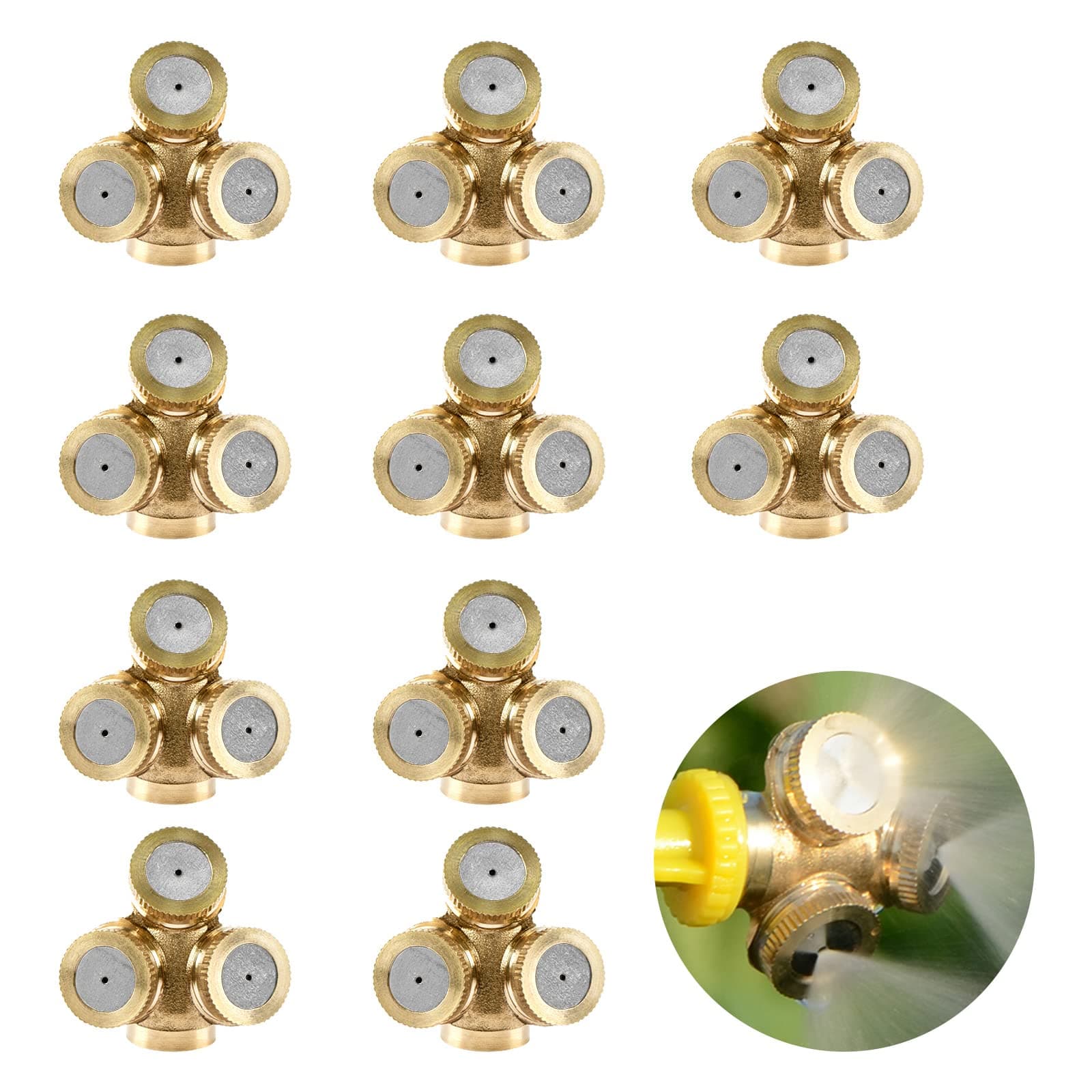 Linkidea 10 Pack 3-Hole Brass Atomising Nozzle, Agricultural Misting Spray Nozzle, 0.47" Connector Diameter for Gardens, Greenhouses, Landscaping, Dust Control, Roof Cooling. (Copper)