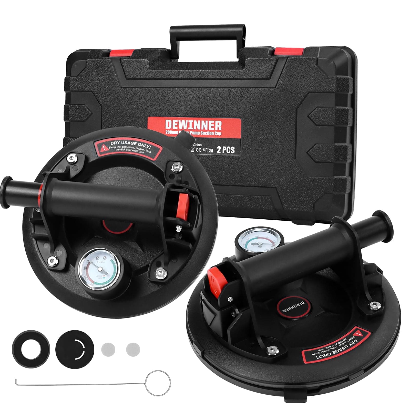 2 pcs 8'' Vacuum Suction Cup with Pressure Gauge, Heavy Duty Vacuum Suction Cup with Handle Lifter, Glass Suction Lifter for Granite, Tile, Glass Lifting, Black