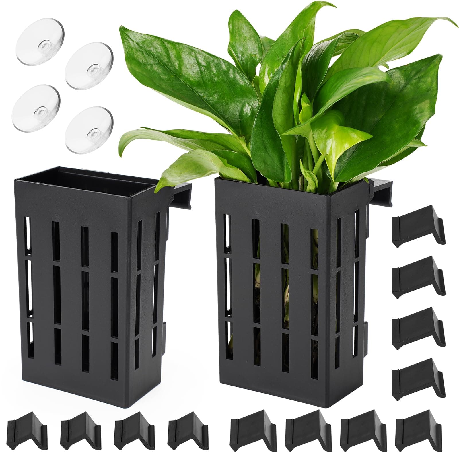 Borlech Aquarium Hanging Aquatic Plant Holder with Hooks and Suction Cups for Fish Tank Aquaponic Plant Cultivation and Aquascape Decorations 2 Pieces (Black)