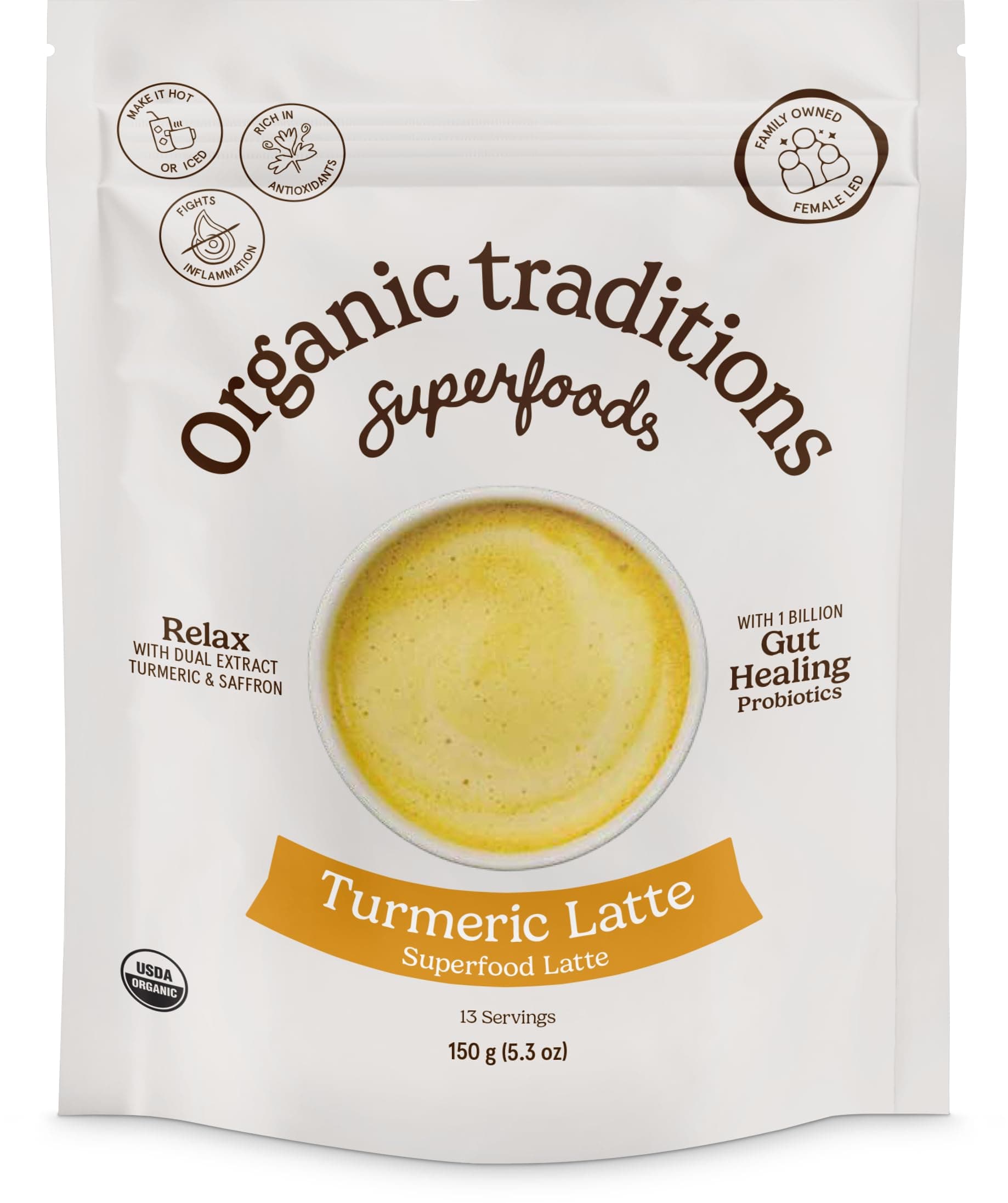 Turmeric Latte with Saffron & Probiotics | 150g (5.3oz) | 13 Servings | Instant Dual Extract Turmeric, Ginger & Black Pepper