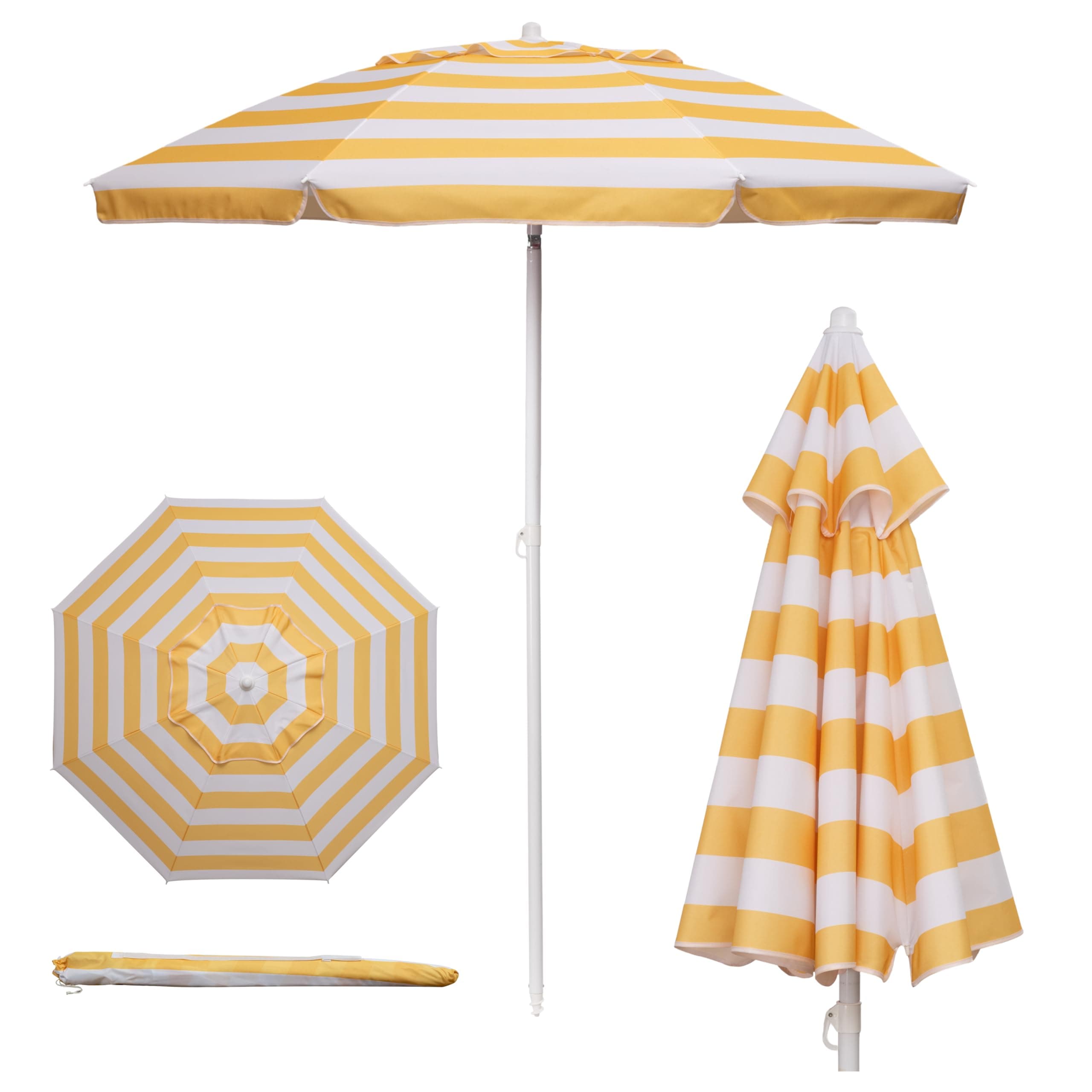5.5 Ft Portable Beach Umbrella, Lightweight UV Protection Sunshade with Tilt Pole & Carry Bag, Outdoor Canopy Umbrella for Beach, Sand, Pool, Patio, Camping, Travel, or Backyard Shade, (Yellow Cabana Stripe)