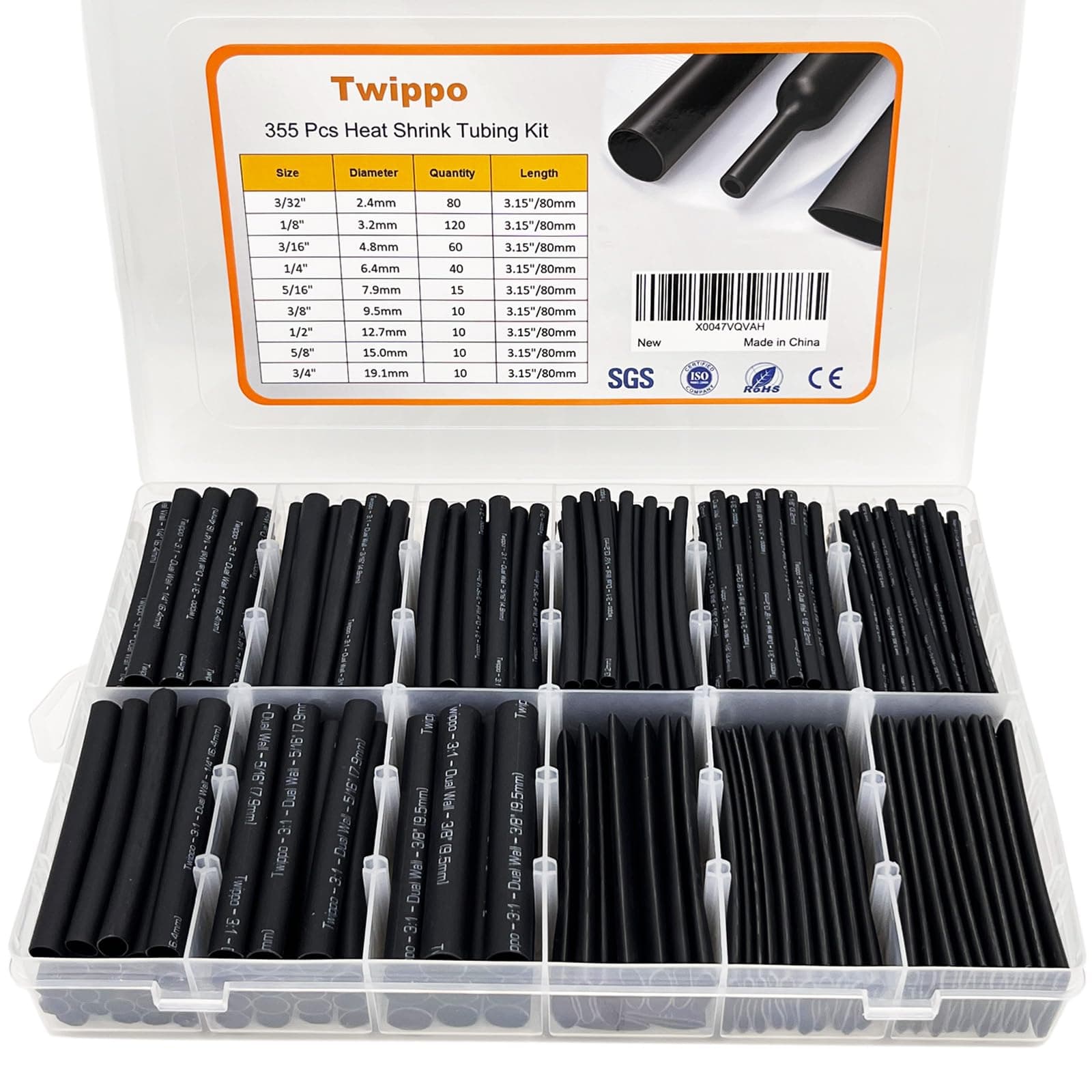 Heat Shrink Tubing Kit 355pcs - 3:1 Dual Wall Adhesive Lined - Electrical Waterproof Industrial Heat-Shrink Tubing Terminals- Marine Grade Wire Connector Shrink Wrap Tube - 3.15" Length - Black