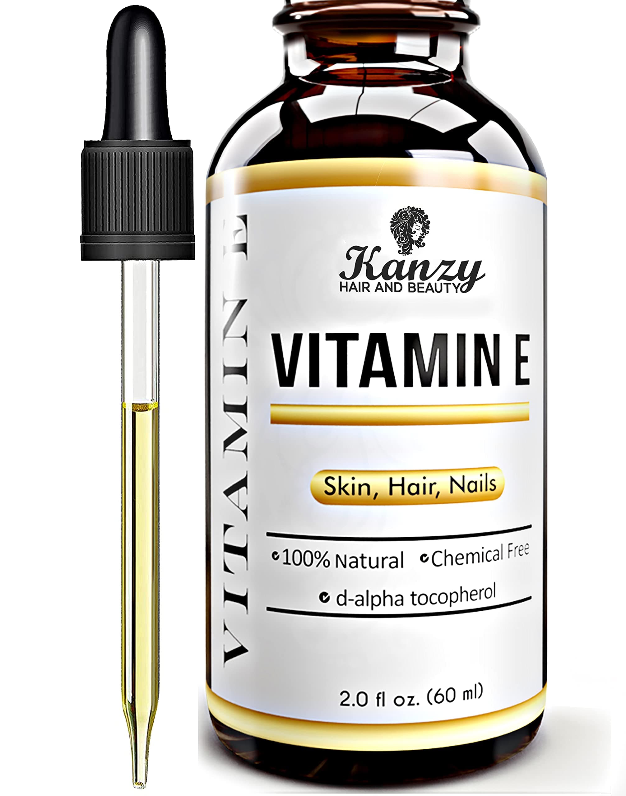 Kanzy Vitamin E Oil for Face & Skin 100% Naturally Sourced Plant-Based Organic Pure Vitamin E Oil for Hair d-Alpha-tocopherol Body Oil for Women & Men, Strengthens & Moisturizes Nails 60ml Body Oil