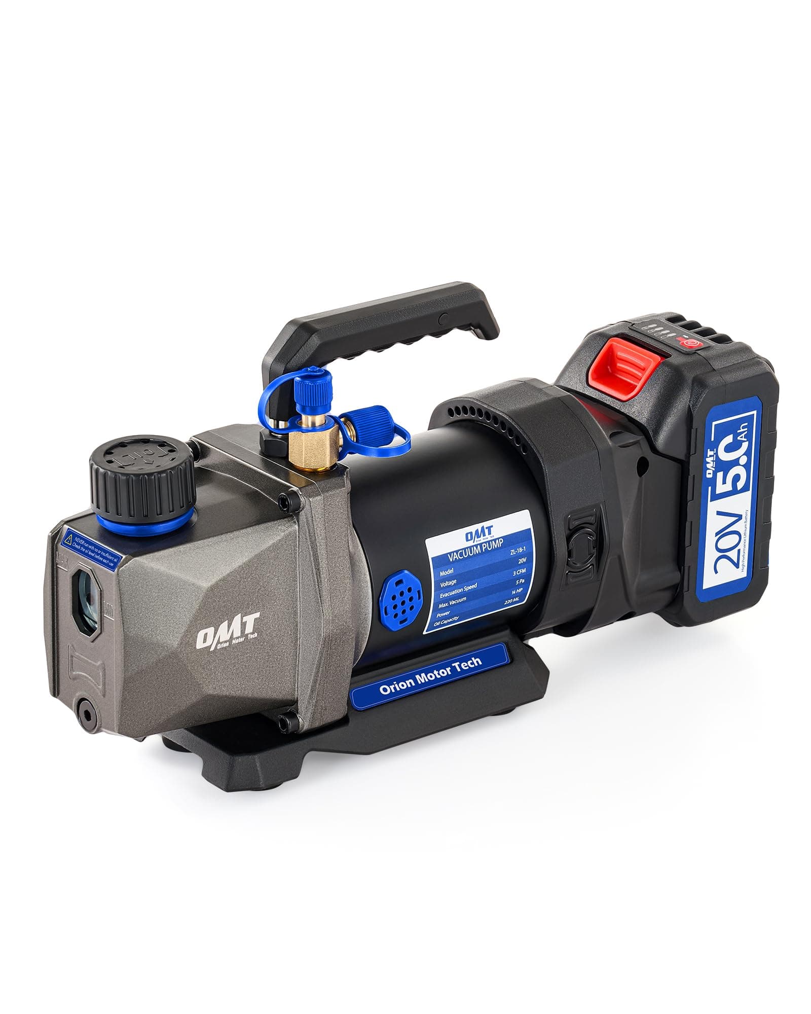 Orion Motor Tech 真空ポンプ、3 cfm コードレス リチウム イオン HVAC 真空ポンプ、R134a R410a R1234yf システム用、1/4hp シングルステージ真空ポンプ