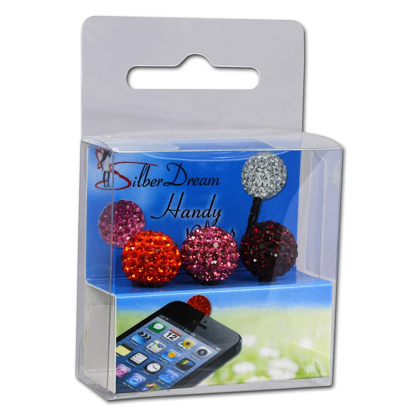 Crystal phone plugs, 3 pieces different colours Shamballa shiny glitter balls, original Czech Preziosa crystals, orange, pink and red, GST13