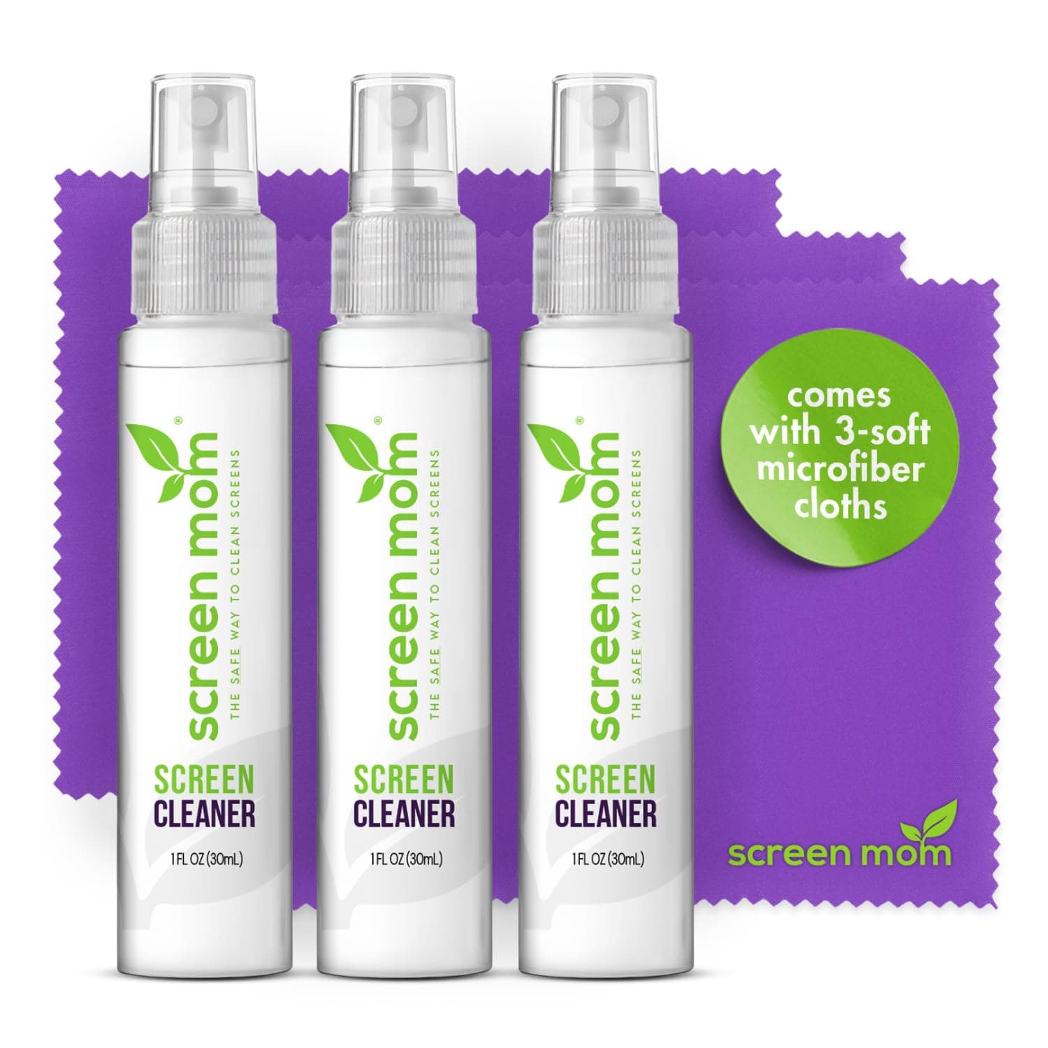 Screen Cleaner Spray and Microfiber Cloths 3-Pack (3x1oz) by Screen Mom-Screen Cleaner Spray and Wipe for TV, Computer, Phone, iPad, Car Screen Cleaning Kit Electronic Cleaner Spray