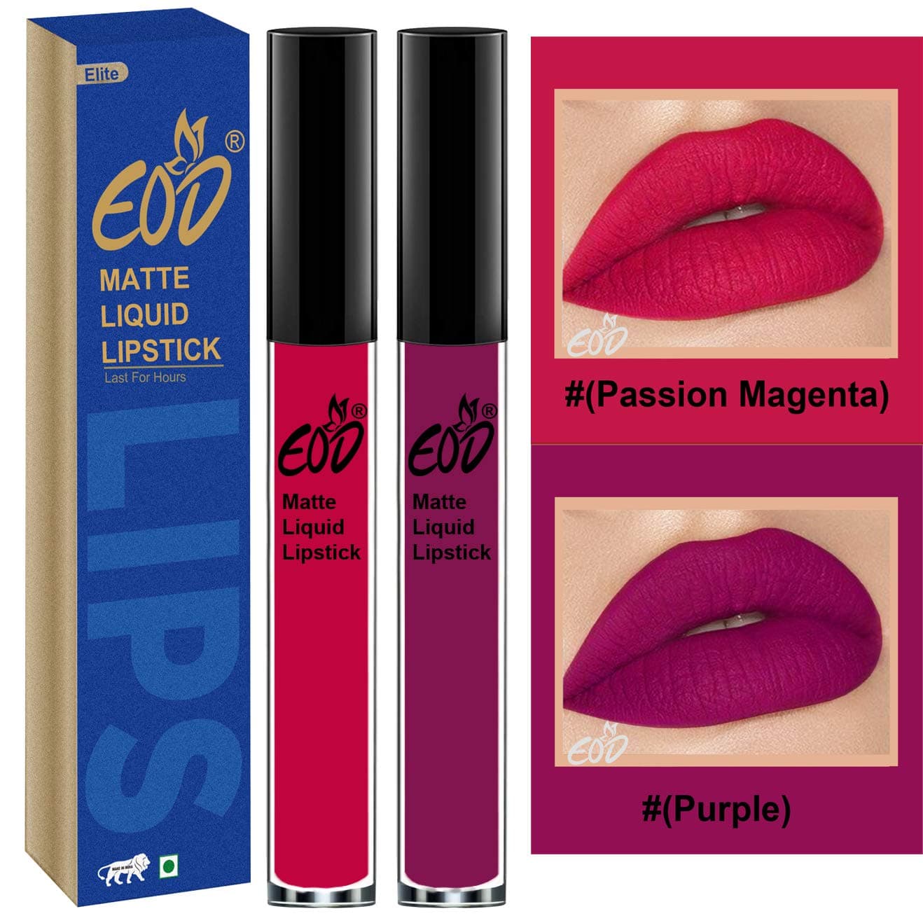 EOD® Soft Matte Kiss Proof Vegan Made in India Liquid Lipstick Long Wearing Set of 2 Lip Gloss(Passion Magenta, Purple)
