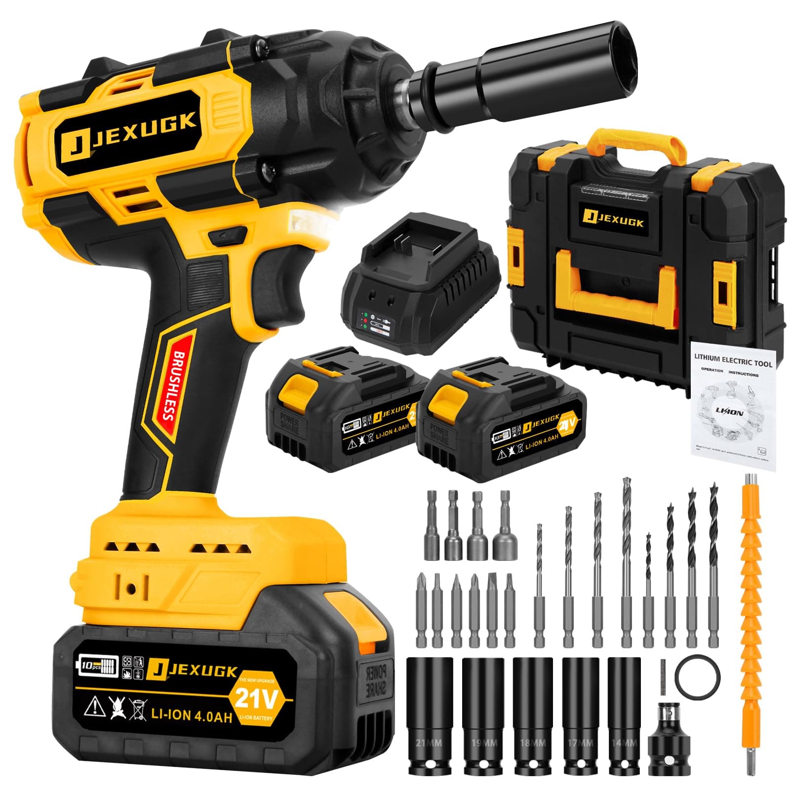 JEXUGK850N.m Cordless Impact Wrench Set, 21V Brushless Impact Gun, Impact Wrench with 2 x 4.0Ah Batteries, Charger, 5 Sockets, Impact Gun Kit for the