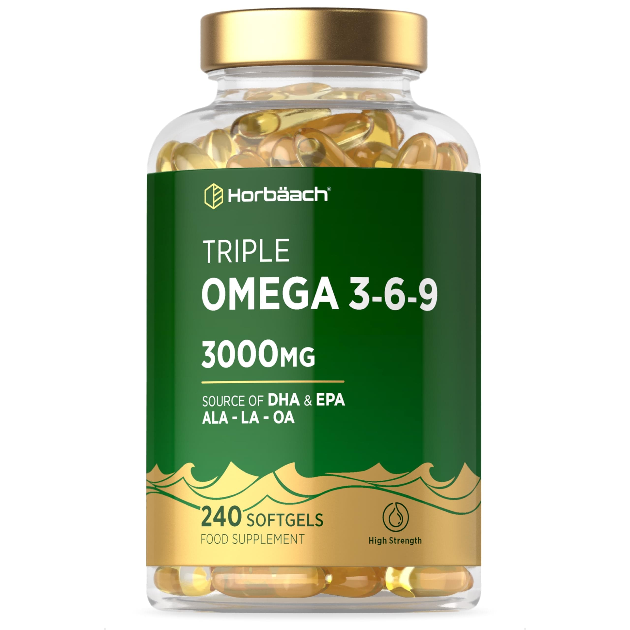 Triple Omega 3 6 9 Capsules 3000mg ALA, LA & OA | 240 Softgels | High Strength EPA & DHA Essential Fatty Acids | Supplement with Fish Oil, Flaxseed & Sunflower Oil | by Horbaach