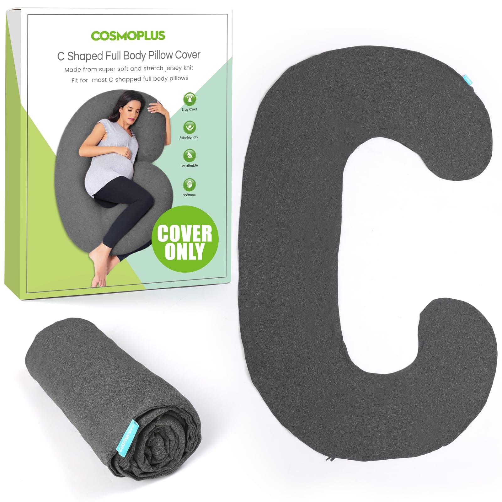 COSMOPLUS 𝐏𝐫𝐞𝐠𝐧𝐚𝐧𝐜𝐲 𝐏𝐢𝐥𝐥𝐨𝐰 𝐂𝐨𝐯𝐞𝐫 C Shaped Full Body Pillow Case 𝐂𝐨𝐯𝐞𝐫 for Maternity,Stretchy Cool Breathable Jersey Fabric,Provides Sleep and Pregnancy Support,Heather Grey