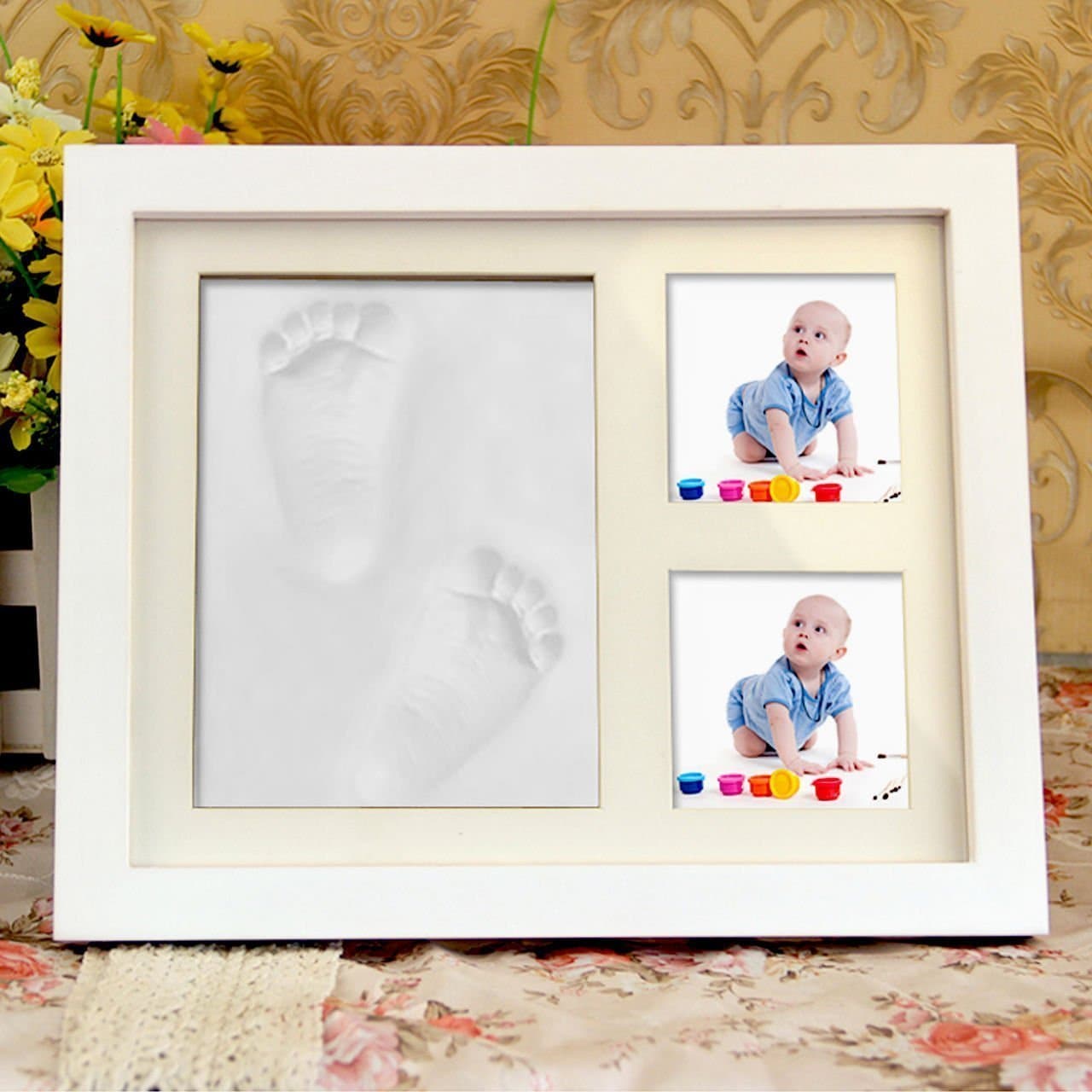 Baby Clay Handprint and Footprint Keepsake Kit-Non Toxic and Safe Clay-Solid Wood Product with Acrylic Glass, Air Drying-Best Baby shower Gift