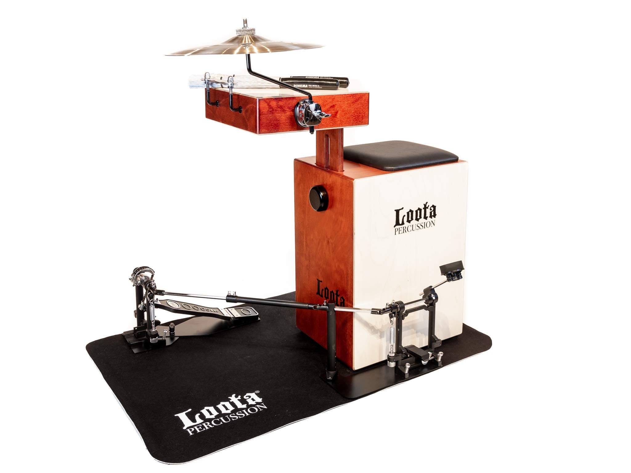 Loota Percussion from Finland. Unique Cajón-style, Birch Wood Complete Percussionist Set with Bass, Snare & Crasher plus Pedal, Cymbal, Brushes and Non-slip Mat. Designed in Finland. (Wild Cherry)