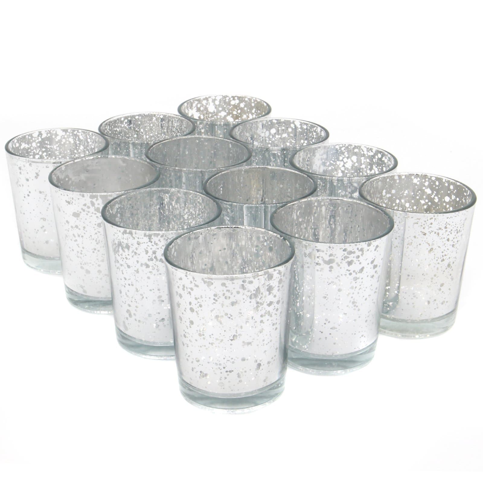 Speckled Tea Light Holders - Set of 12 Silver | Stylish Glass Candle Holders | Tealights | Table & Home Decoration | Modern Home Accessories | M&W