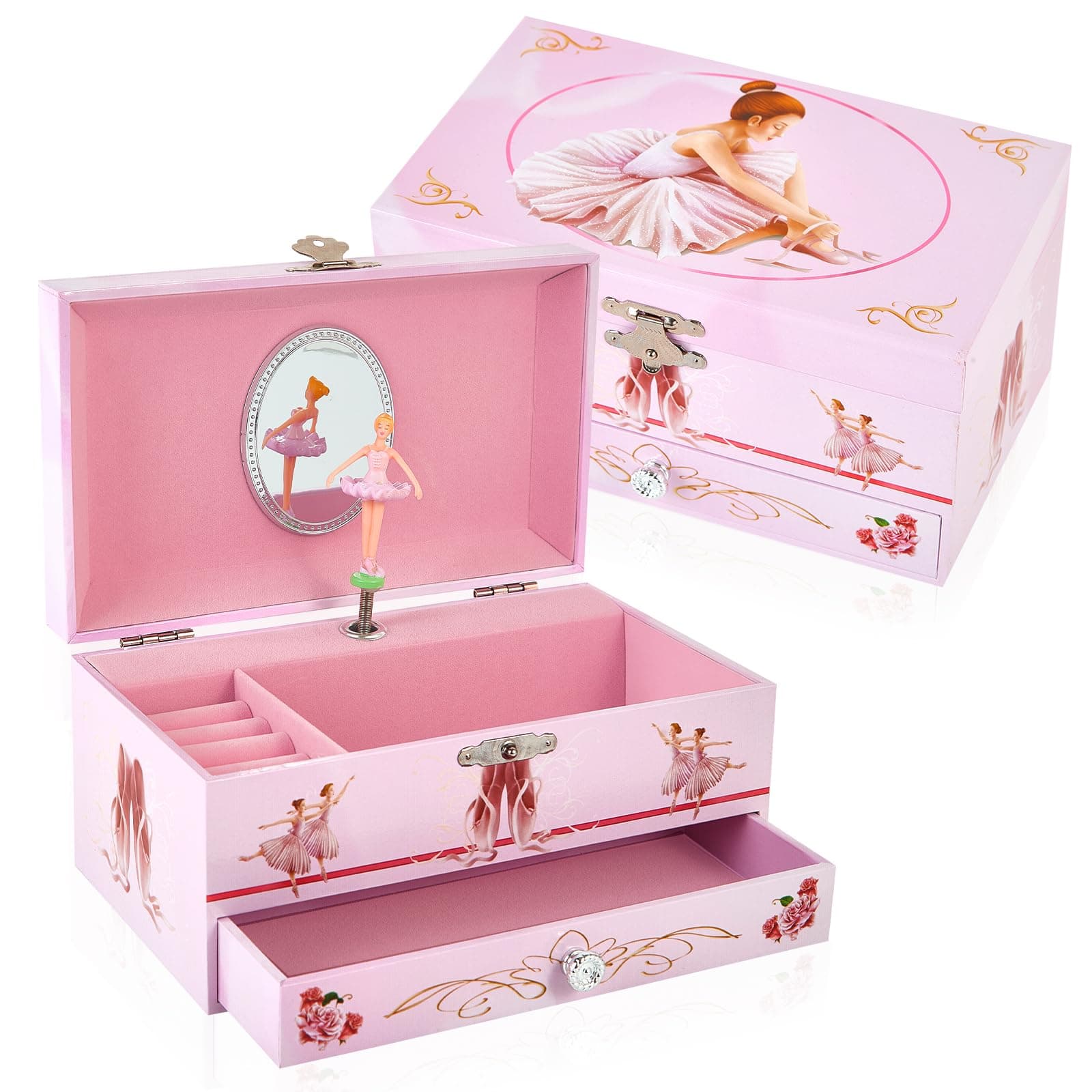 Classical Ballerina Musical Jewelry Box with Drawer and Dancing Ballerina,Girls Gifts for Kids Jewel Storage, Girls Music Box for Kids Ages 3-12 Gift