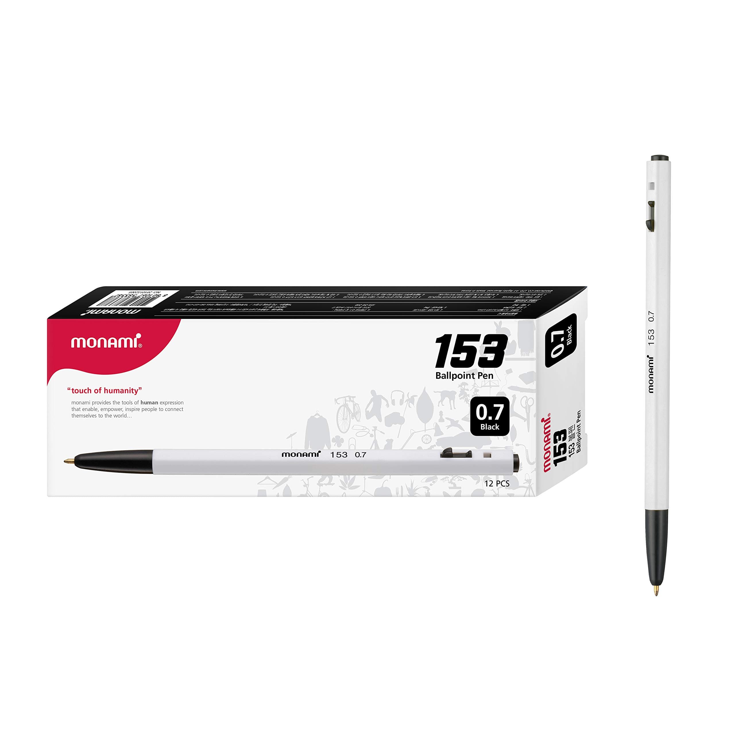 MONAMI BP 153 Retractable Ballpoint Pens, Fine Point (0.7mm), Black, Pack of 12