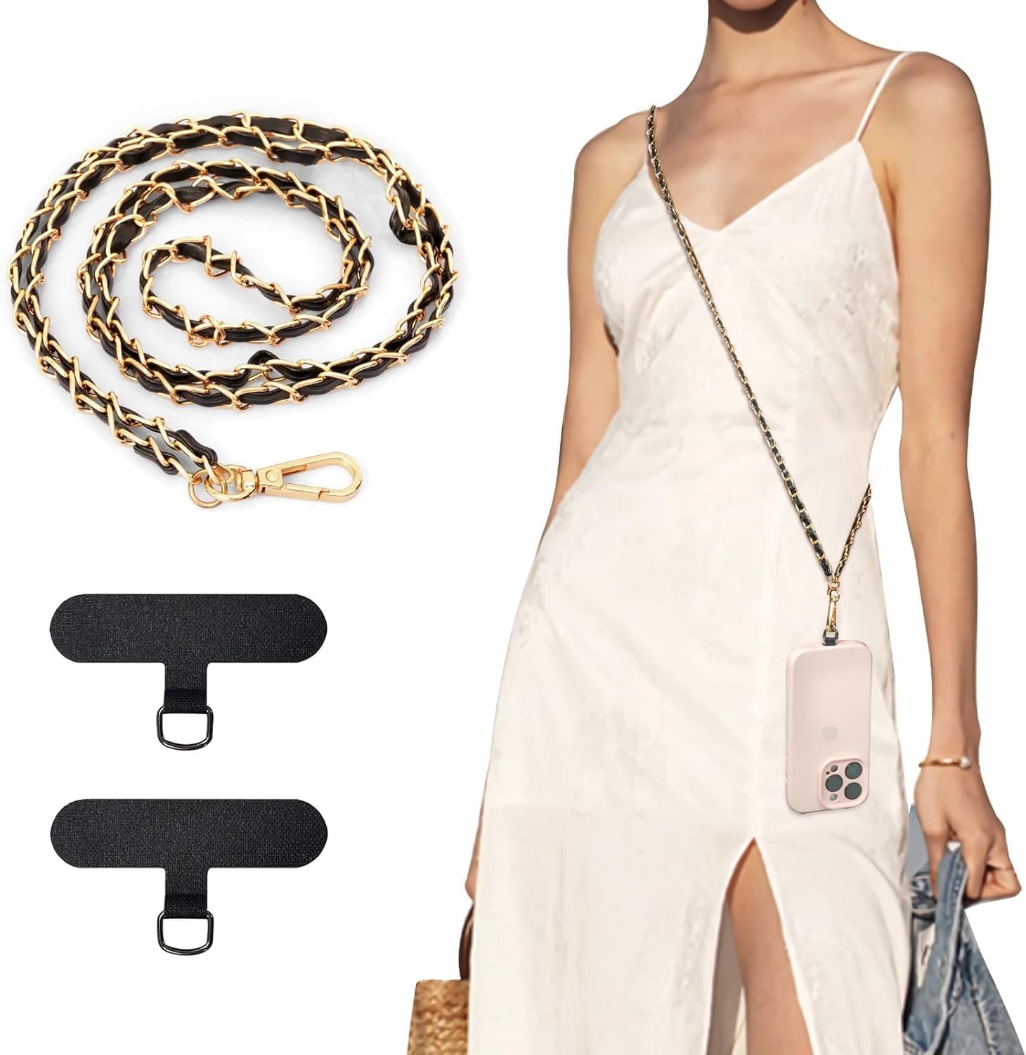 Universal Phone Lanyard, Metal Cell Phone Chain Anti-Theft Crossbody Strap for iPhone 15 Pro Max and Most Smartphones, Adjustable Cell Phone Neck Holder for Women, Gold & White