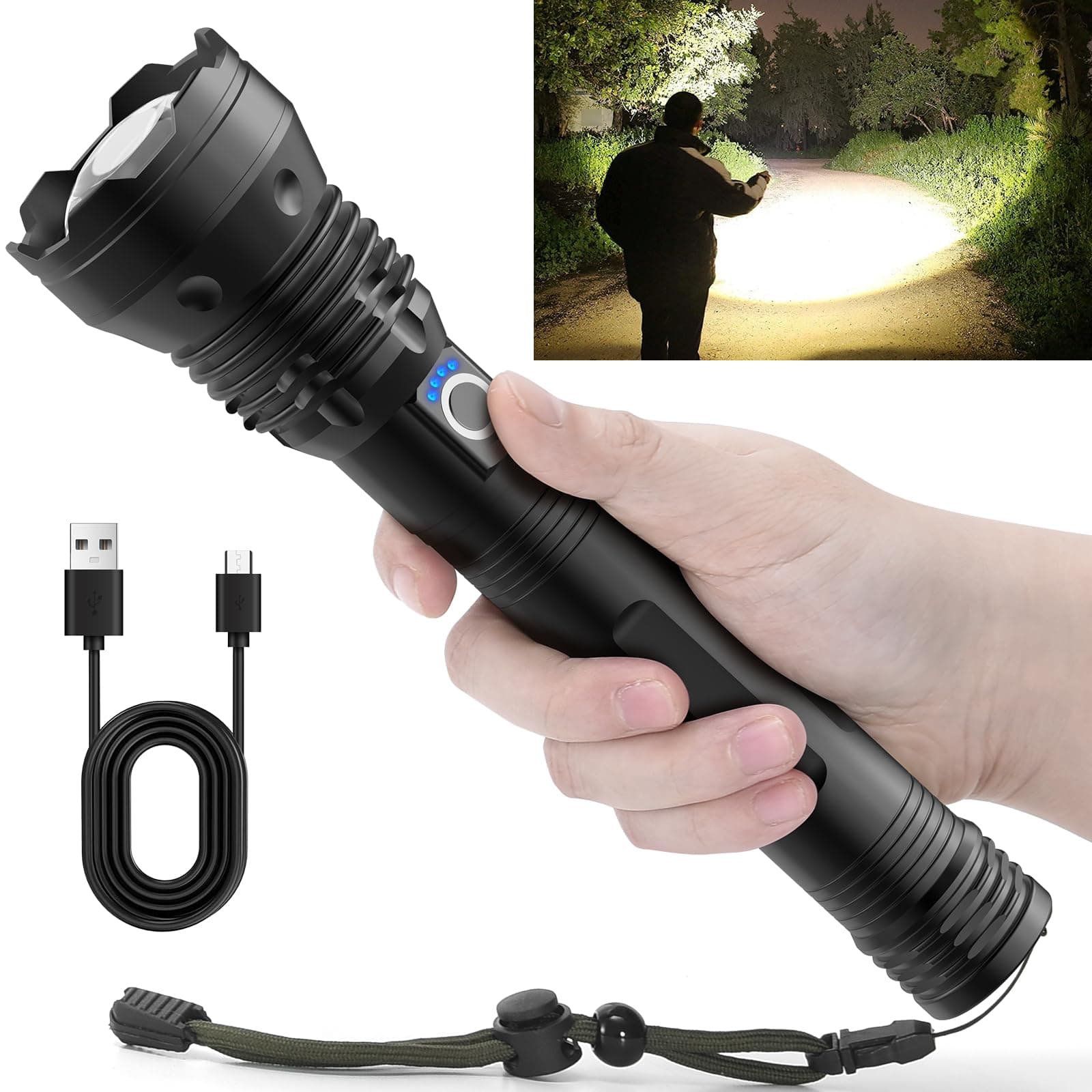 Wsky Rechargeable LED Flashlights High Lumens, 220,000 Lumens Super Bright Flashlight, XHP90, Zoomable, 3 Modes,Waterproof Flash Light Powerful Flashlight for Camping Hiking and Emergencies