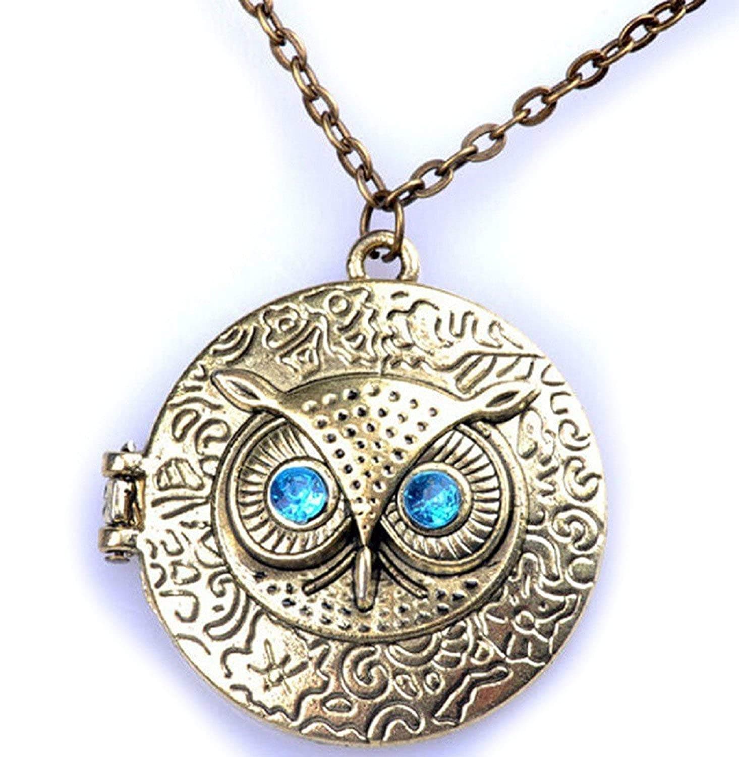 Retro Owl Eye Statement Gold Choker Big Size Openable Photo Picture Pendant Momento Locket Round Illuminati Antique Necklace for Women and Girls Brone Blue