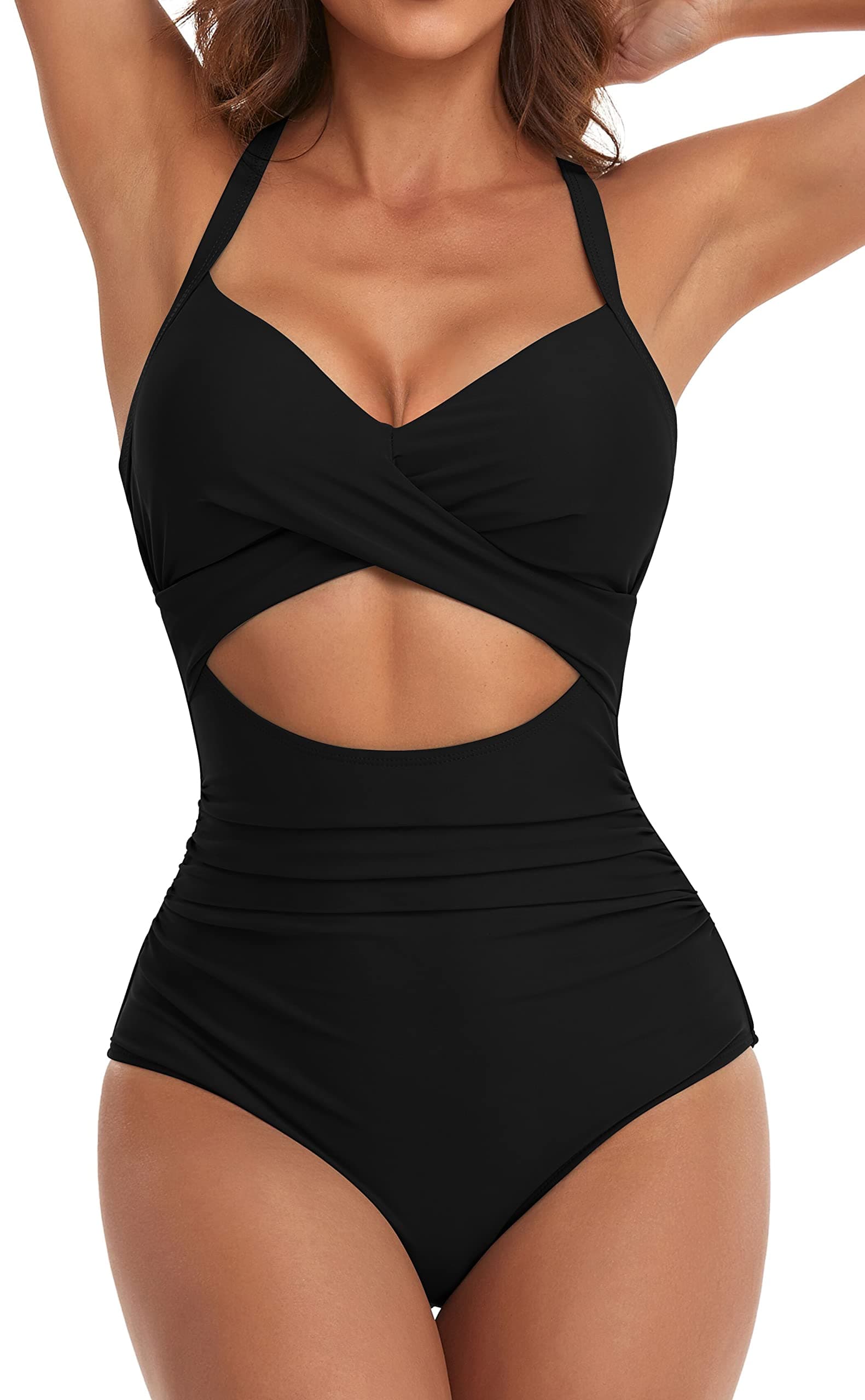 Women's One Piece Swimsuits Tummy Control Cutout High Waisted Bathing Suit Wrap Tie Back 1 Piece Swimsuit