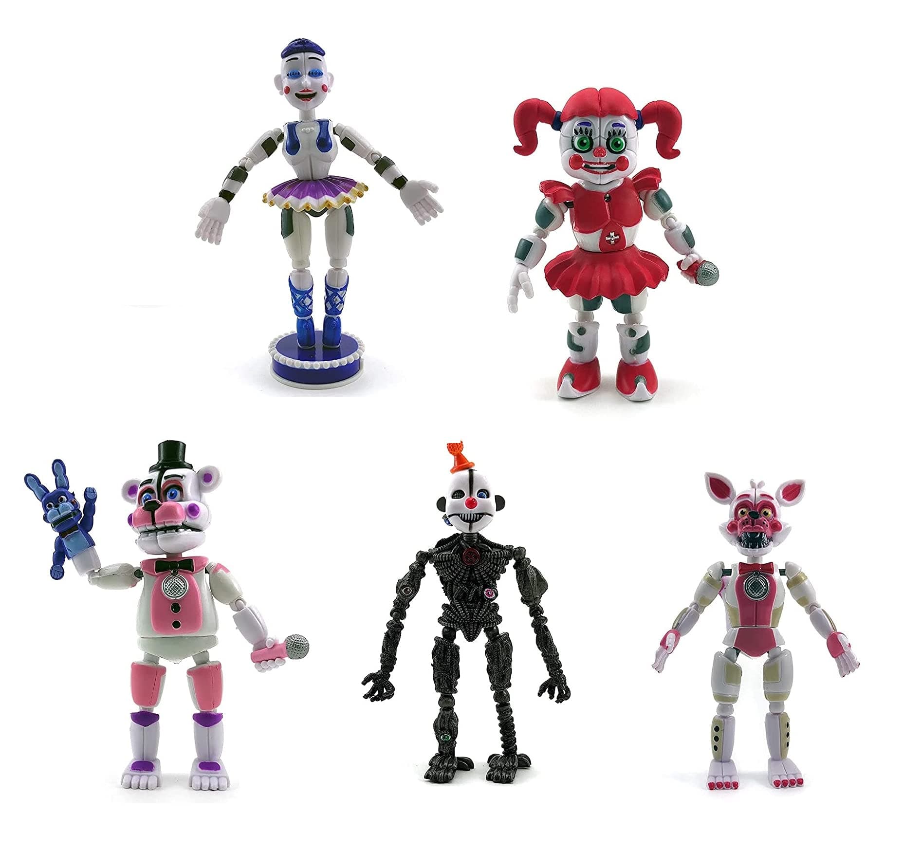 FNAF Action Figures Sister Location (Set of 5 pcs), More Than 5 inches [Funtime Freddy Bear, Circus Baby, Ennard, Ballora, Funtime Foxy], Fun Action Simulator
