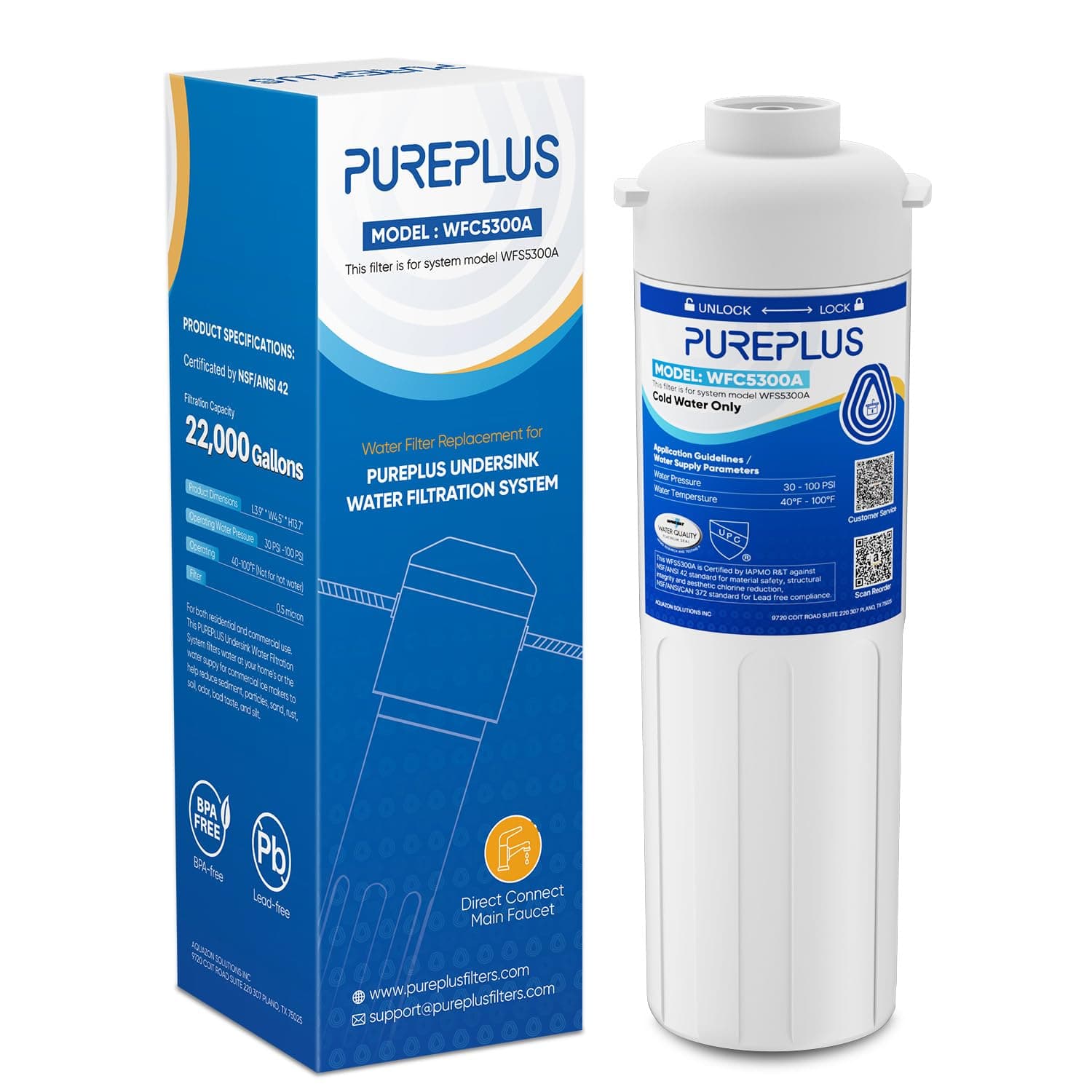 PUREPLUS WFC5300A Under Sink Water Filter, 22000 Gallons, 99.99% Chlorine Reduction, NSF/ANSI Certified, Replacement for WFS5300A Under Counter Water Filtration System