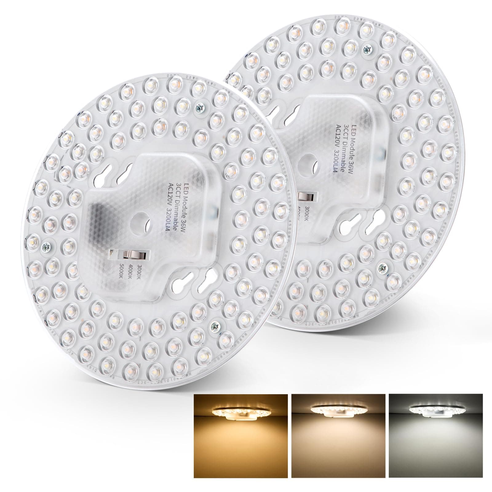 2 Pack Ceiling Fan Lamp Replacement, 6.69 inch Dimmable 3CCT 3000K/4000K/5000K 36W 3200LM, Ceiling Fan LED Light Kit Replacement, LED Light Engine Retrofit Kit