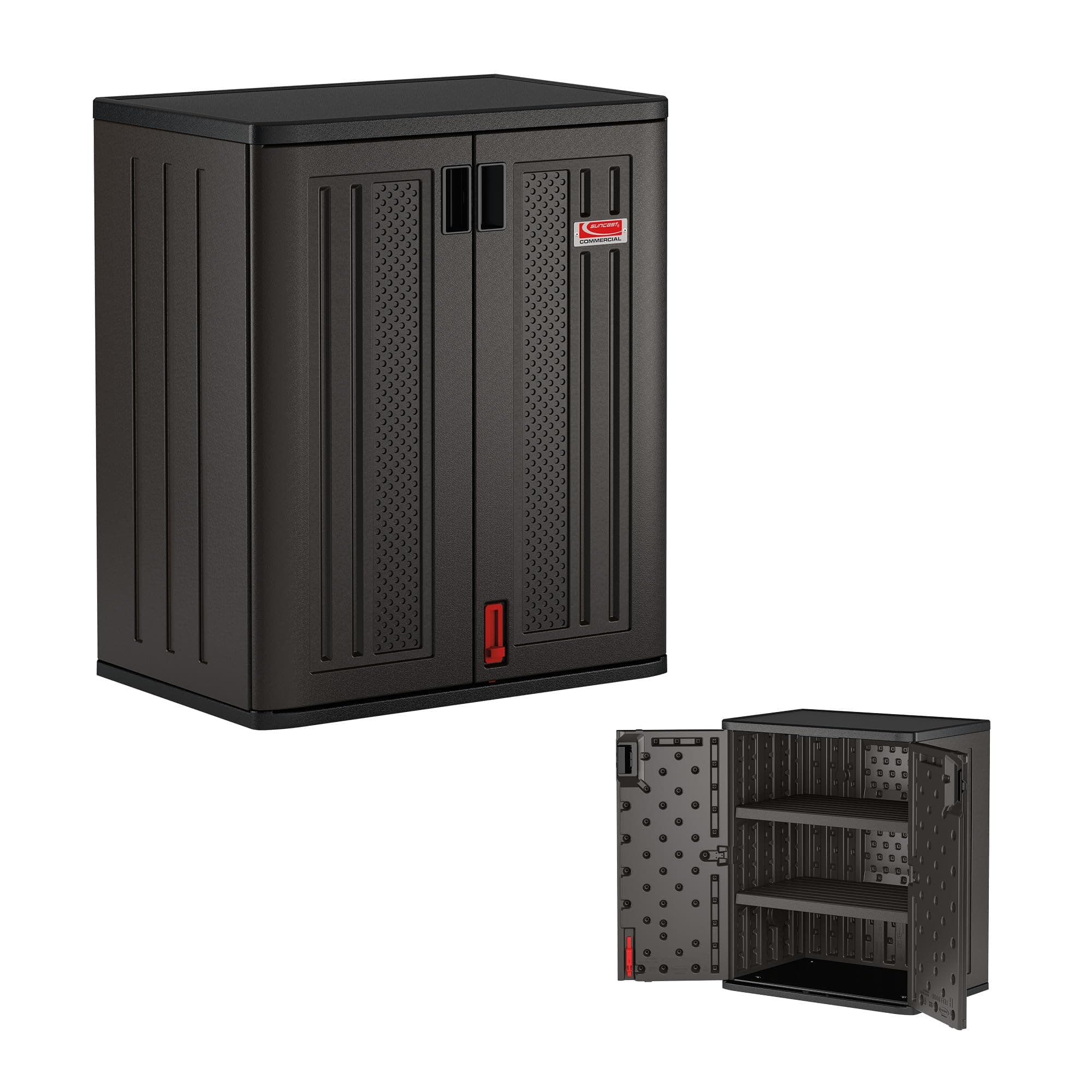 Suncast Heavy-Duty Resin Outdoor Storage Cabinet, 30" W x 20.25" D x 36" H Dark Grey Base Garage Storage Cabinet with Lockable Doors and Metal Reinforced Shelves, Made in The USA