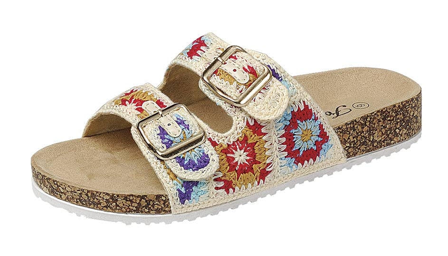 Forever LinkWomen's Double Buckle Floral Crochet Cork Flat Sandals