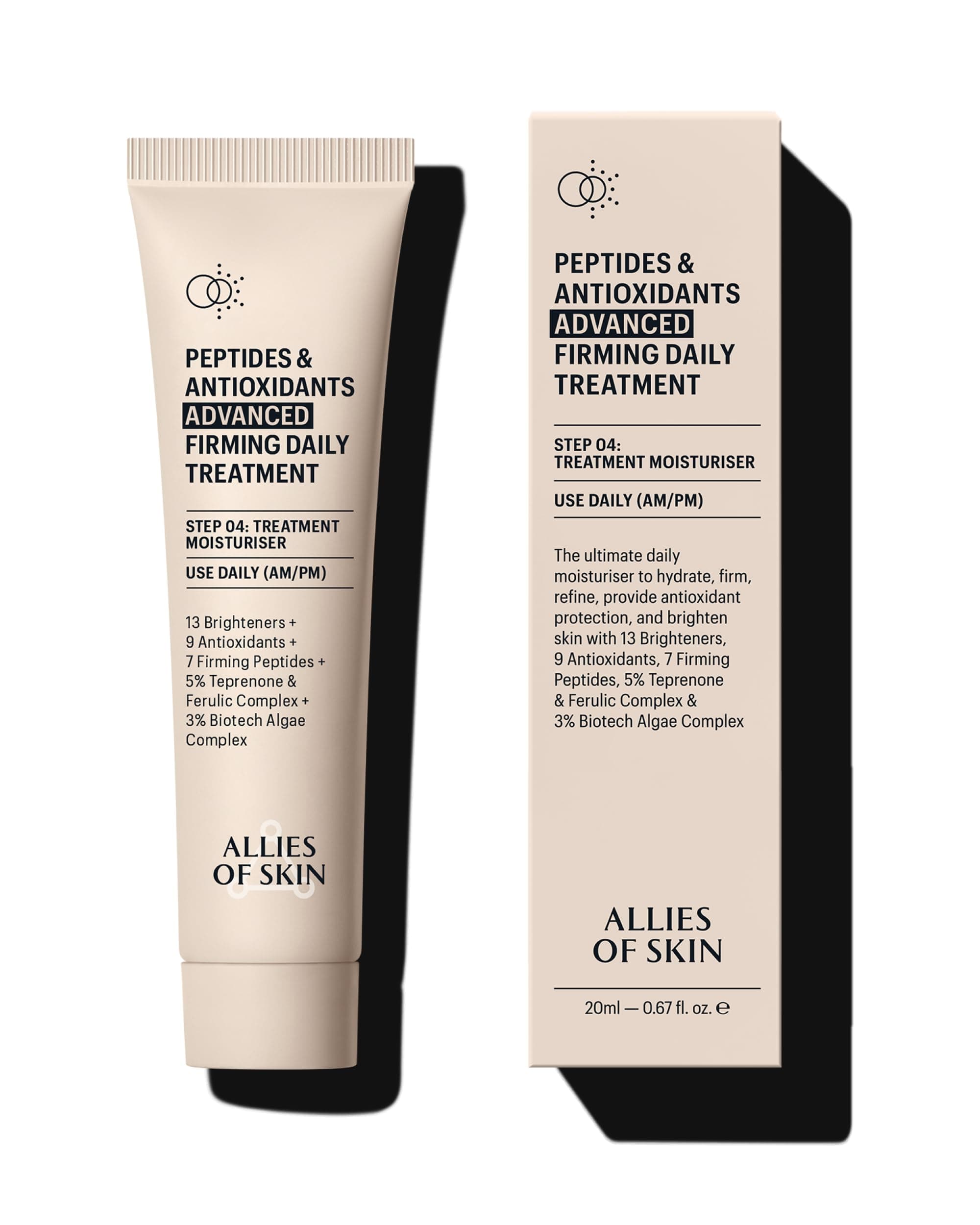 Peptides & Antioxidants Advanced Firming Daily Treatment with 13 Brighteners, 9 Antioxidants, 7 Firming Peptides, 5% Teprenone & Ferulic Complex and 3% Biotech Algae Complex 20ml/0.67oz