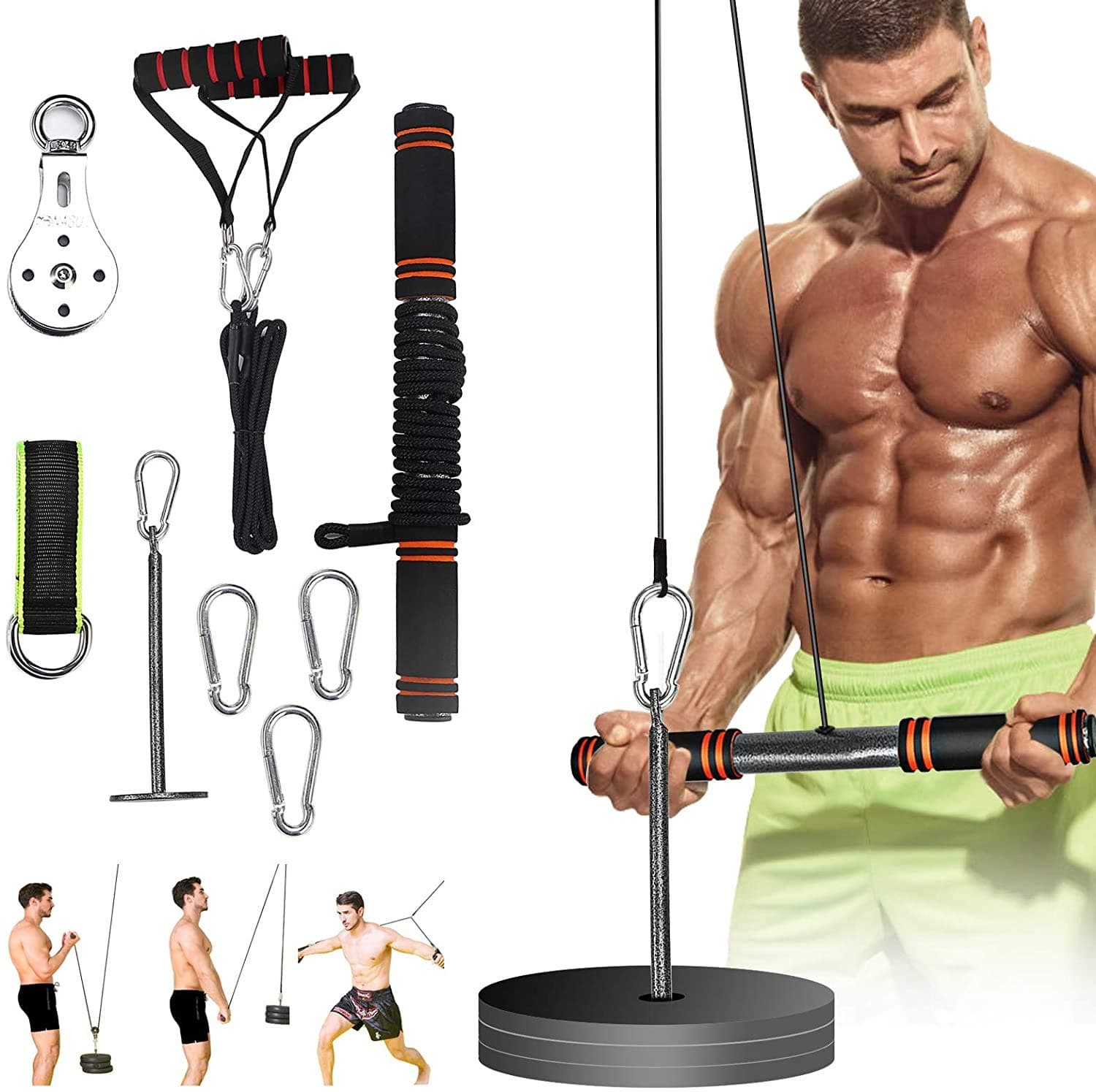 PELLOR 3 in 1 Fitness Gym Pulley Cable, Home DIY Lat Pulldown Arm Strength Training Cable Machine with Straight Bar, Wear-resistant Strap, Nylon Rope for Woman Men, Home Exercise Workout Accessories