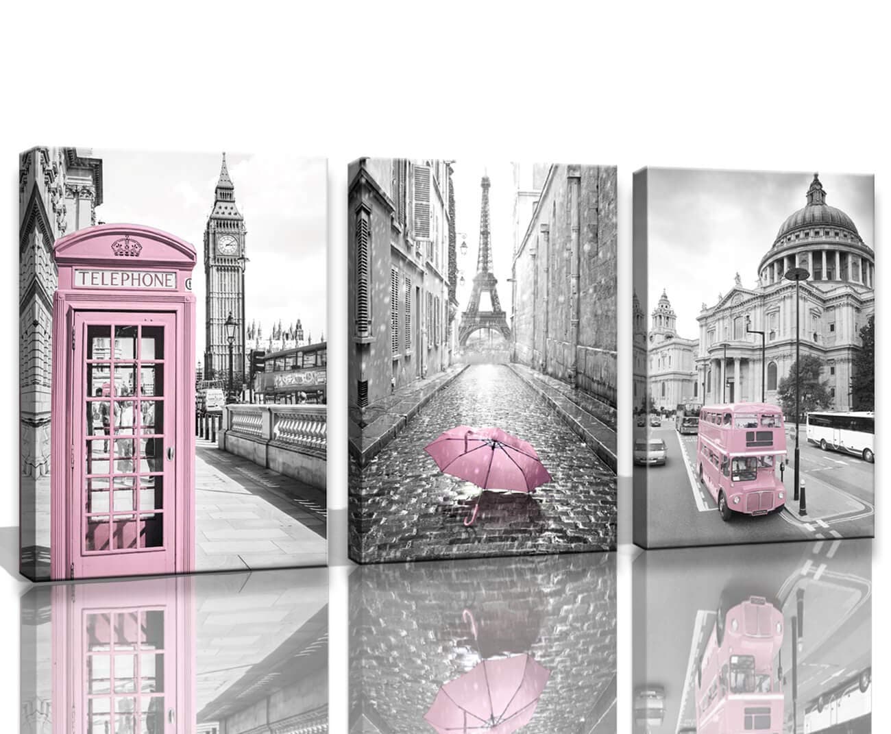 Paris Eiffel Tower Decor for Bedroom Girls - Pink Paris Theme Room Wall Art Canvas - Black and White Eiffel Tower Pictures - London Big Ben Tower Painting Framed