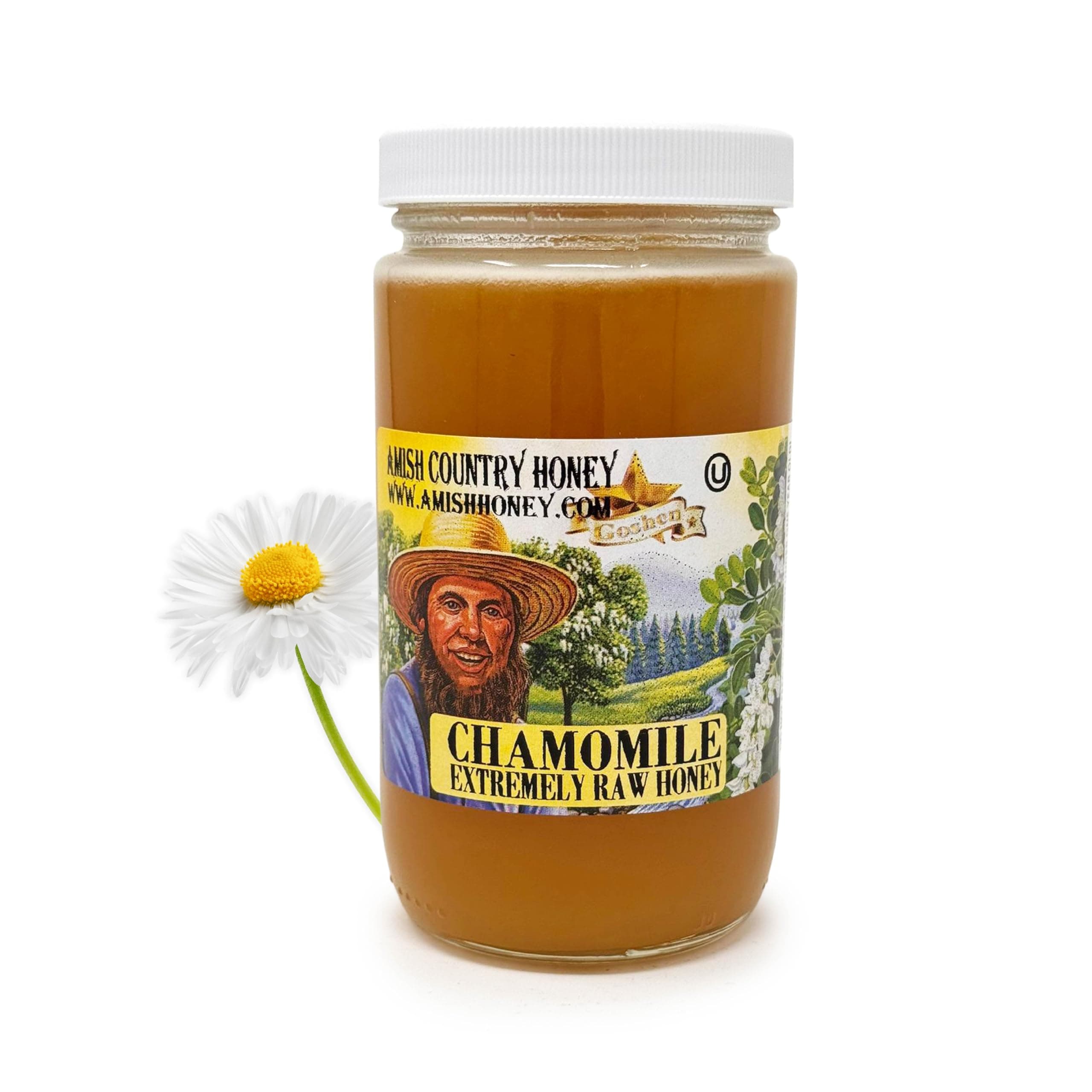Goshen Amish Country Extremely Raw Chamomile Honey - Unfiltered, Unprocessed, Pure & Natural - Harvested in the USA - Rich Flavor for Tea, Cooking, Wellbeing - Kosher Certified - 16oz Glass Jar