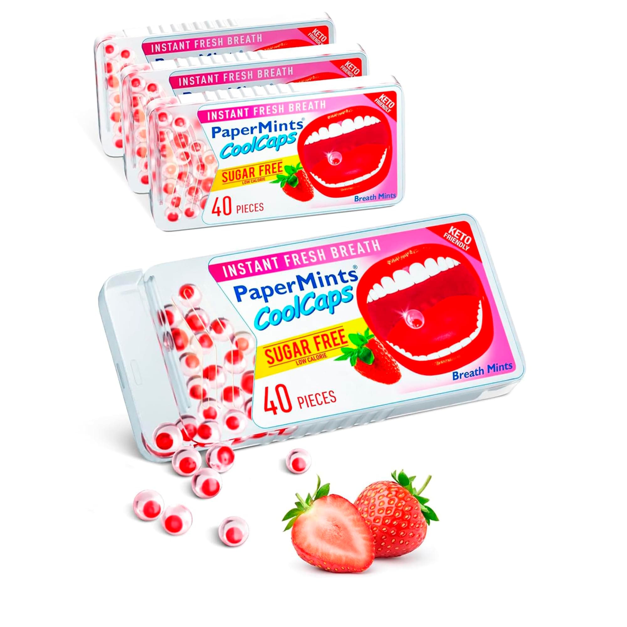 PaperMints CoolCaps - Instant Fresh Breath Mints Sugar-Free 4 Pack - 160 capsules. Extreme Bad Breath Treatment for Adults, Breath Freshener Pearls for Halitosis Treatment Keto-Friendly Strawberry