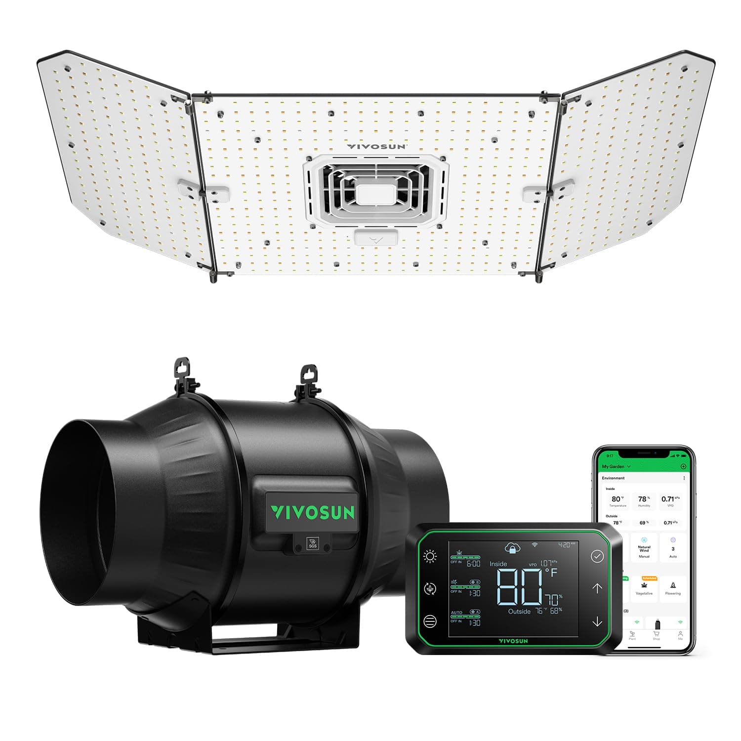Smart Grow System with AeroLight A200SE 200W LED Grow Light with Circulation Fan, AeroZesh T6 6-inch 408 CFM Inline Duct Fan, and GrowHub E42A Temperature & Humidity WiFi-Controller