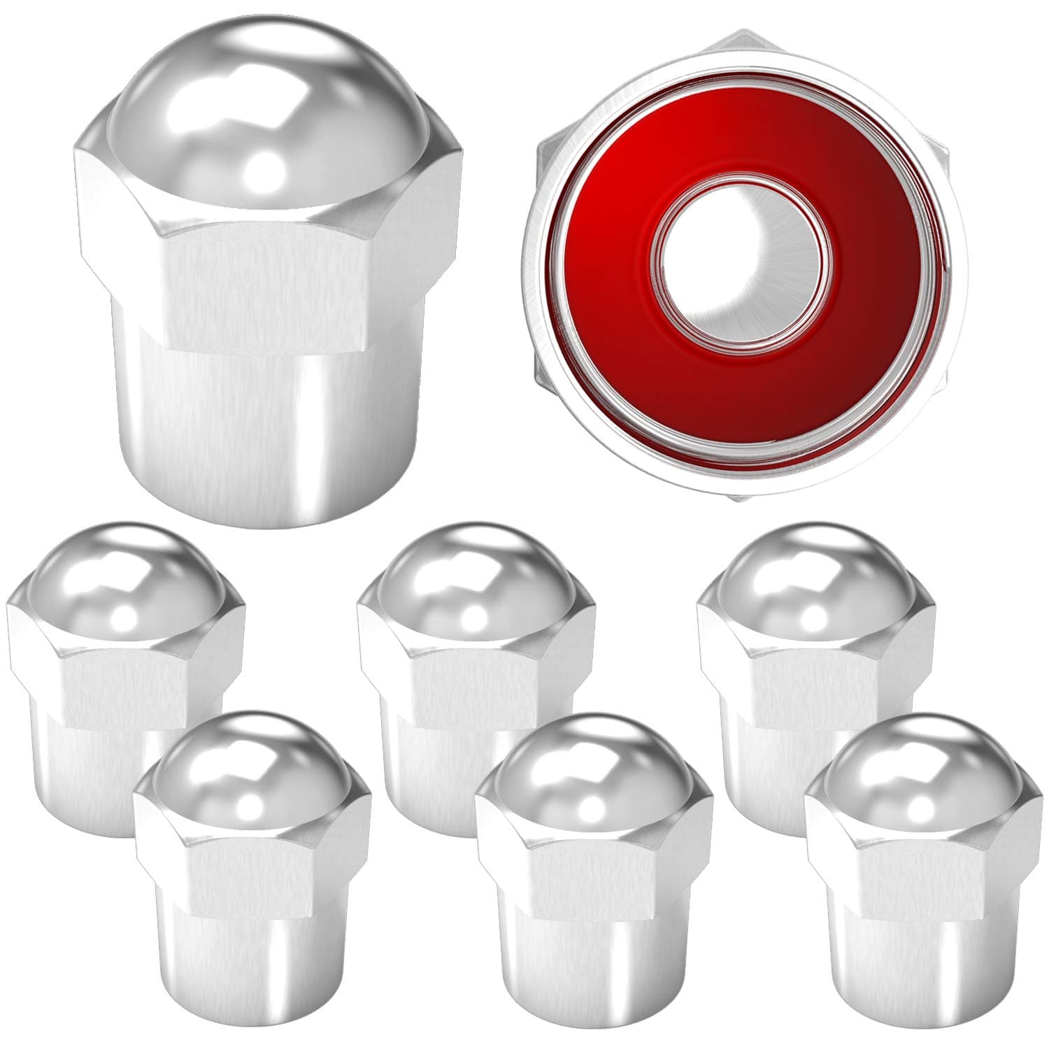 Brass Rubber Seal Tire Valve Stem Caps, Dust Proof Covers Universal fit for Cars, SUVs, Bike and Bicycle, Trucks, Motorcycles Flat Top (Chrome Round Top (8 Pack))