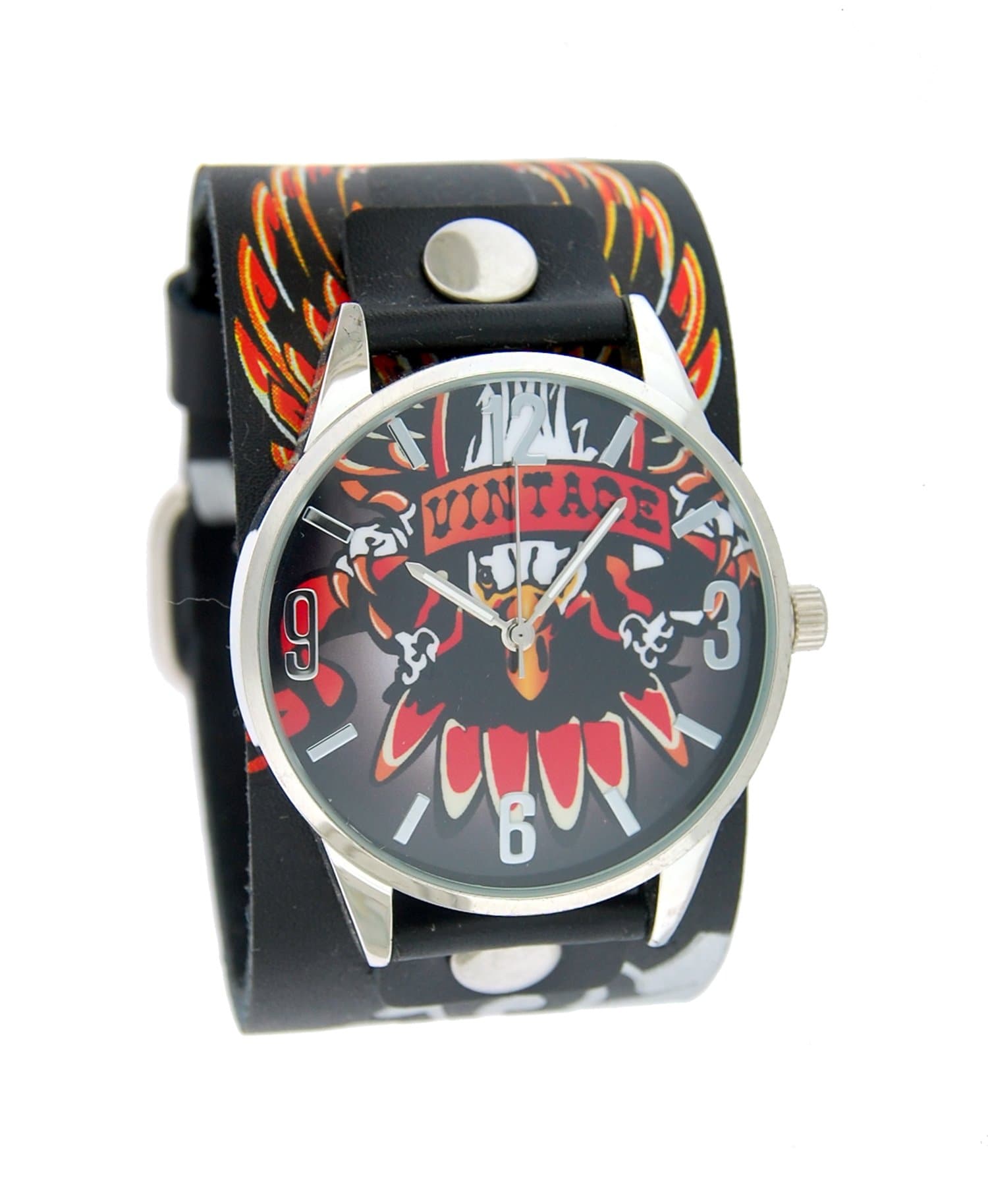 #VI-W27A Men's Tattoo Inspired Wide Leather Strap Watch