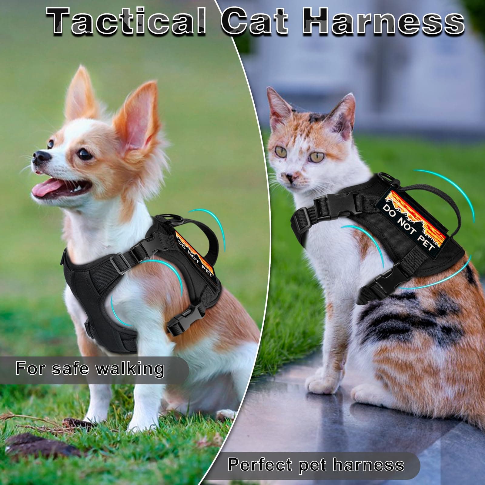 Tactical Cat Harness for Walking, Adjustable Escape Proof Pet Vest for Large Cat,Easy Control Breathable Cat Vest with Handle，Molle Patches (Black, L)