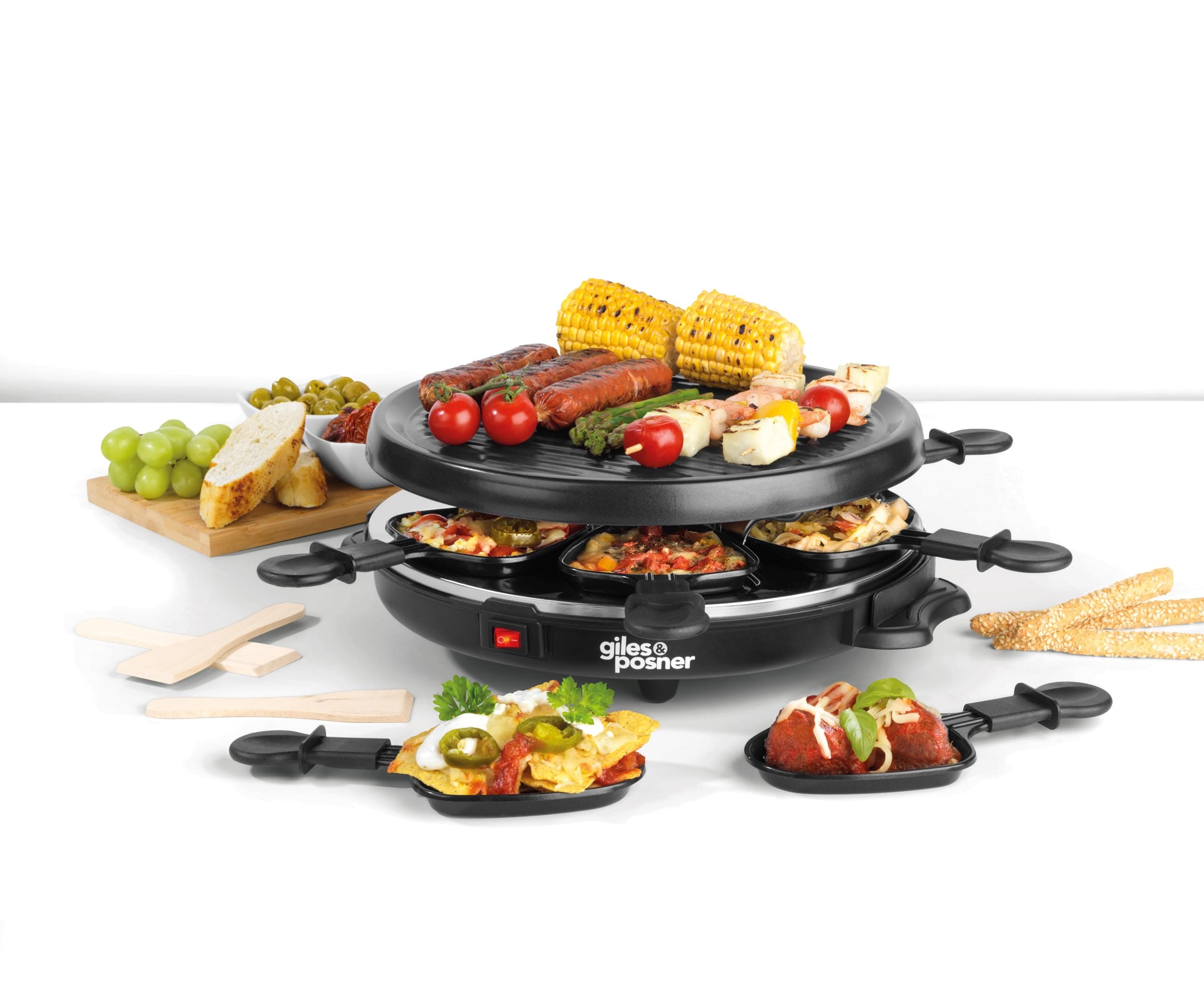 Giles & Posner Electric Round Raclette Grill - Indoor Tabletop 6 Person Raclette, Non-Stick Grill Pans, Includes Spatulas, Approx. Plate Size 29 cm, 800 W, Party Food Machine, Buffet