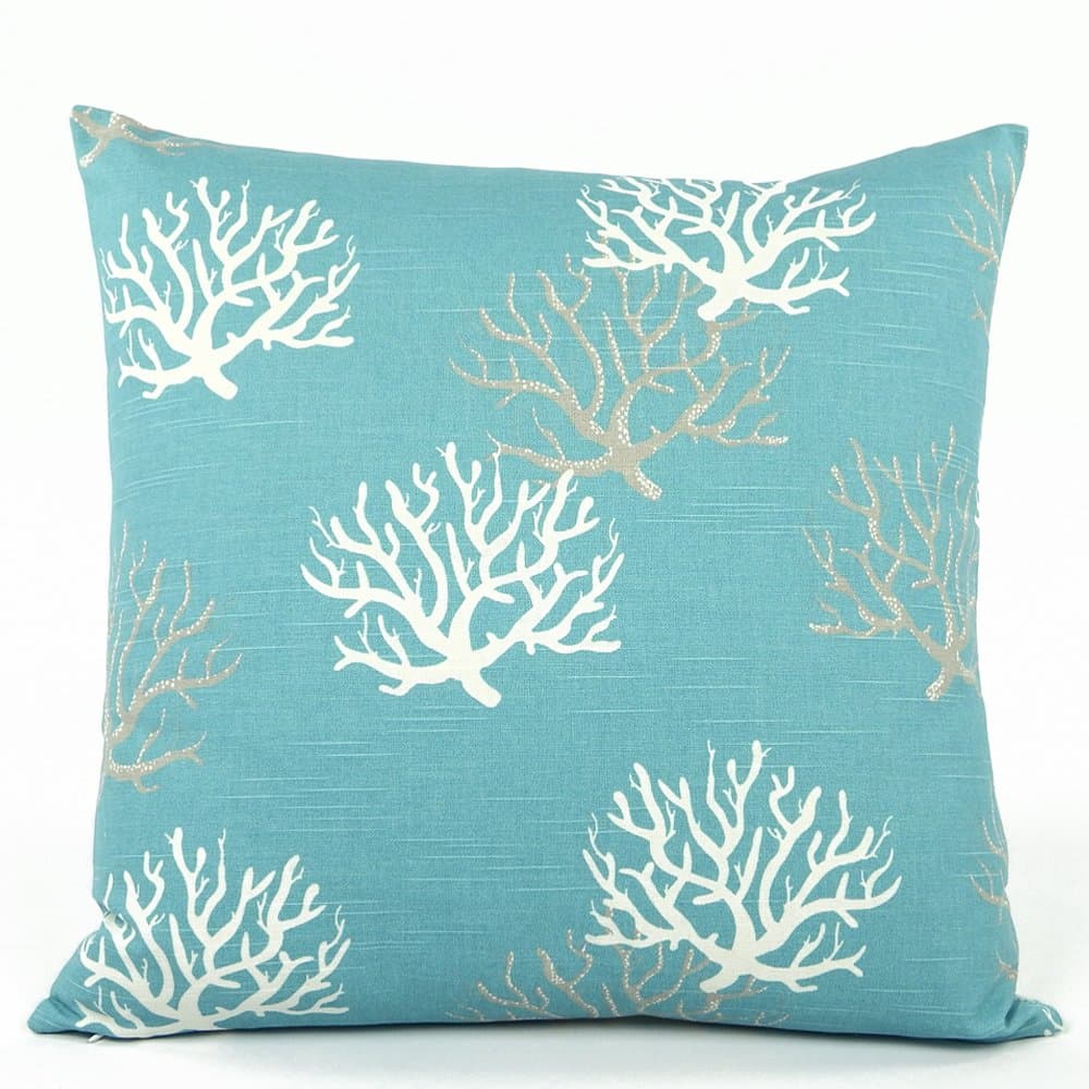 Chloe & Olive Wonders of the Seas Turquoise Collection - Reversible Ocean Coral / Star Fish 20" Square Decorative Toss Pillow with Insert - Turquoise Blue, White and Grey - 1 Pillow with Feather/down Insert
