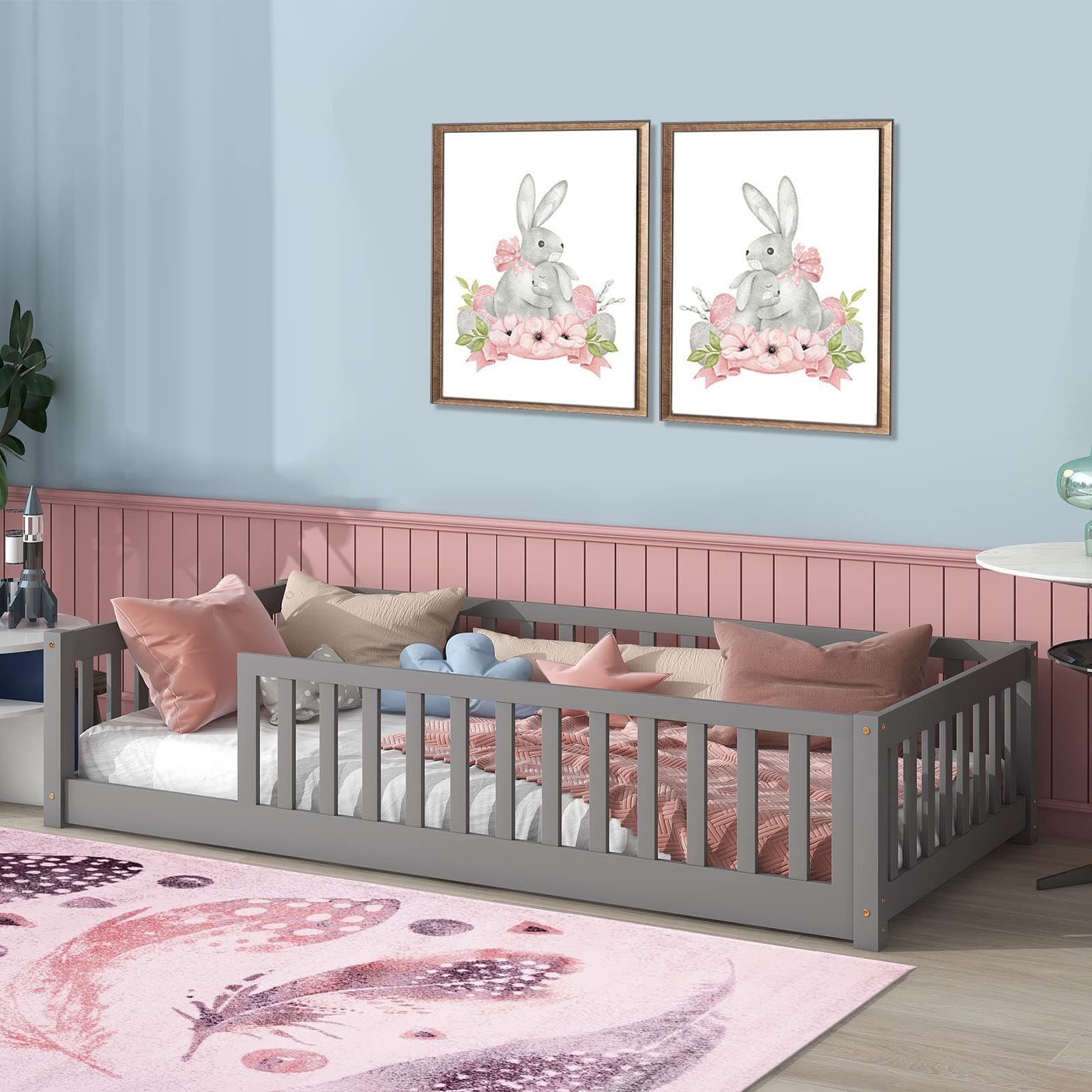 Tatub Twin Size Floor Bed with Safety Guardrails and Door and Slats, Montessori Floor Bed Frame for Kids, Wood Montessori Floor Bed for Girls and Boys, Twin-Grey Without Door