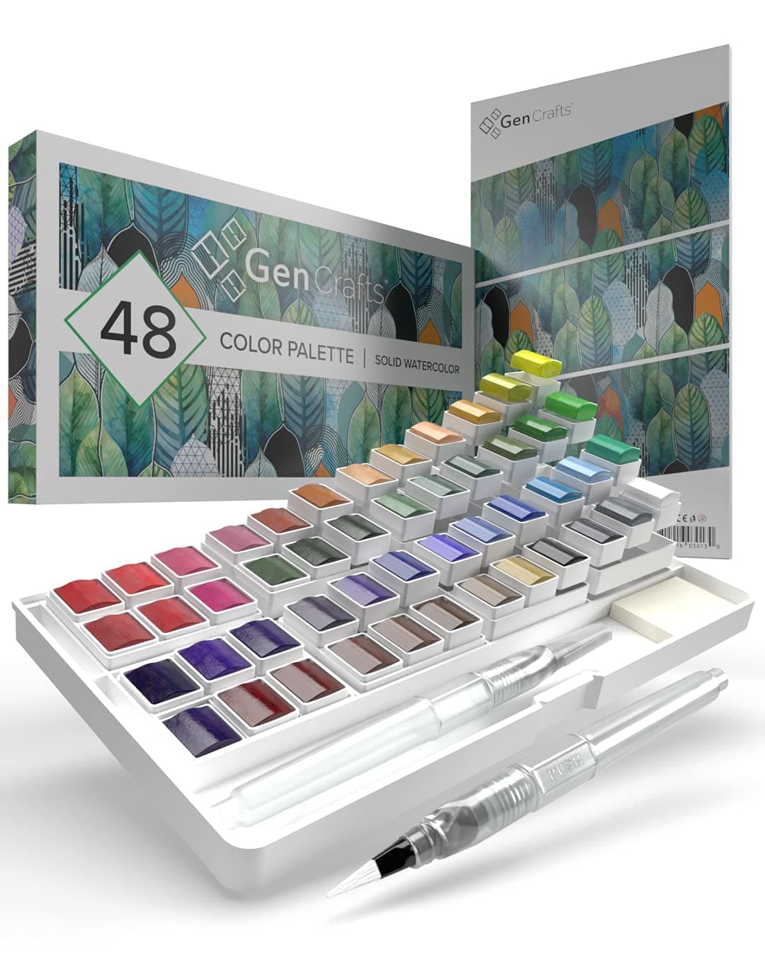 Watercolor Paint Palette with Bonus Paper Pad Includes 48 Premium Colors - 2 Refillable Water Blending Brush Pens - No Mess Storage Case - 15 Sheets of Water Color Paper - Portable Painting