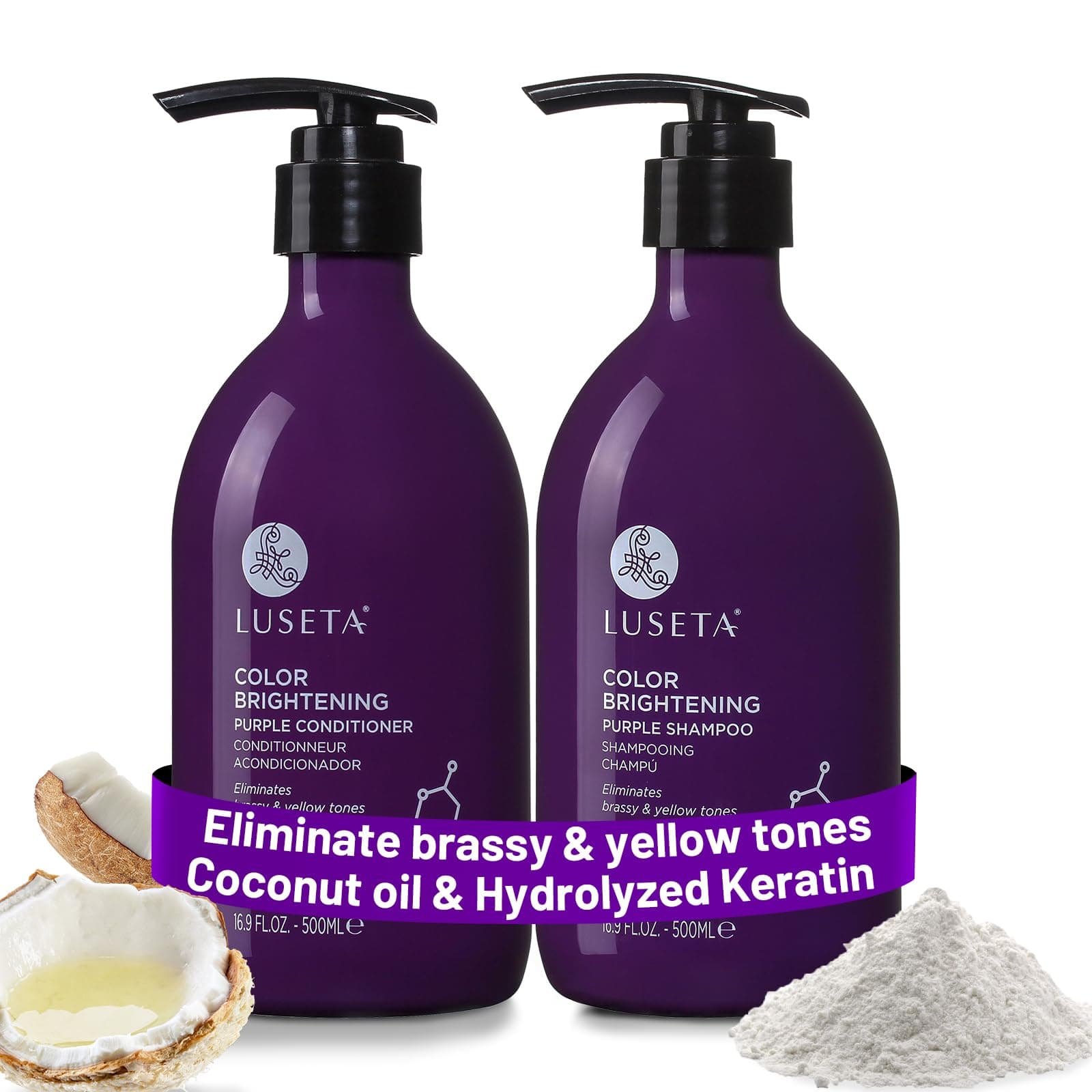Luseta Purple Shampoo and Conditioner Set for Blonde, Gray - Color Treated Hair - Sulfate Free Paraben Free - Infused with Cocos Nucifera Oil for Curly and Damaged Hair - 2x16.9oz