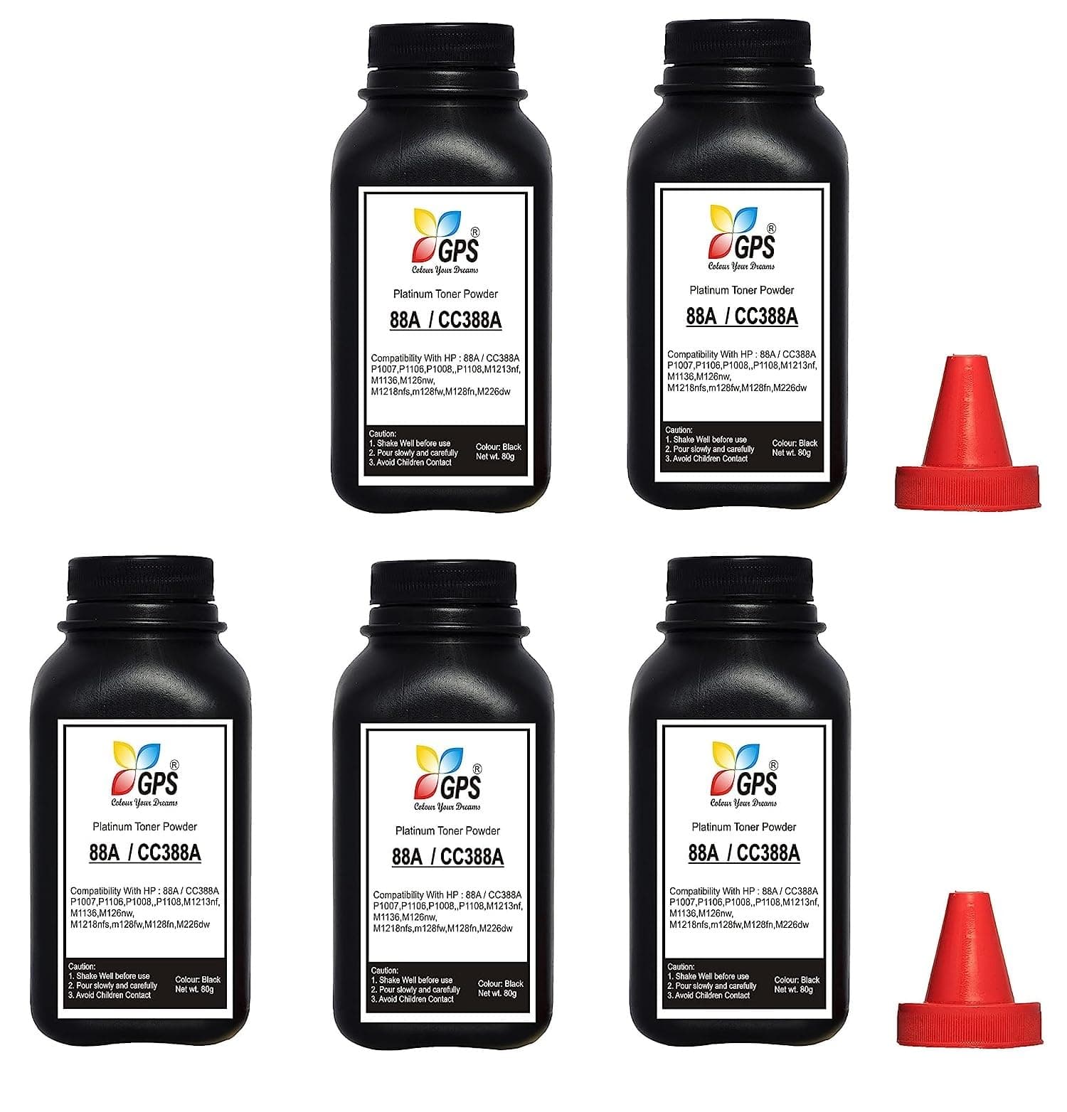GPS Colour Your Dreams Pack of 5 for 88A Toner Powder for LaserJet Printer Cartridges - Compatible with HP LaserJet M1136 MFP, Ink Refill for 88A Black Cartridges (88A-Powder-5Pcs)