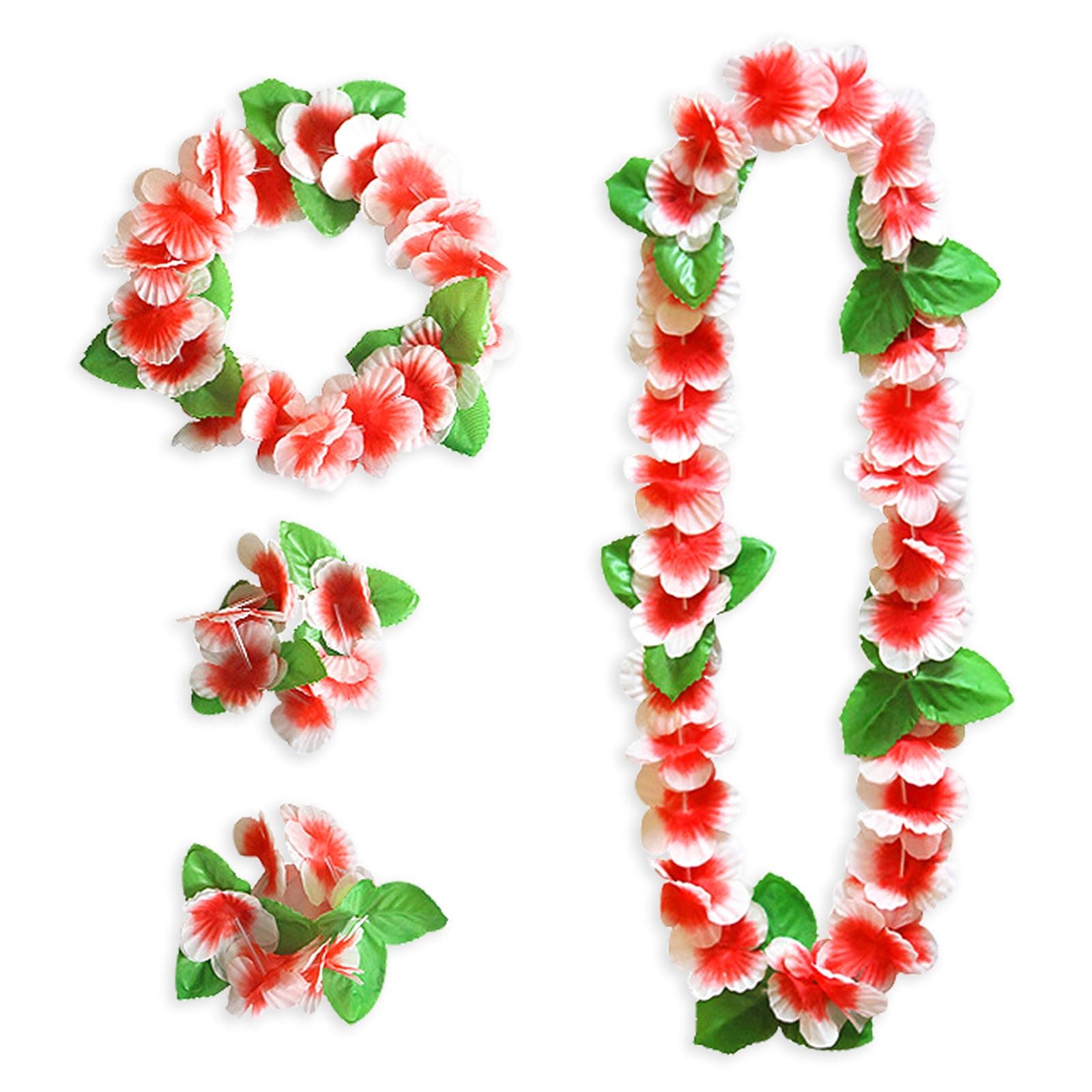 4 Pieces Hawaiian Leis Set Green Red Luau Leis Hawaiian Flowers Leaves Wreath Garland Tropical Floral Accessories for Hawaiian Luau Party Wedding Beach Party Favors