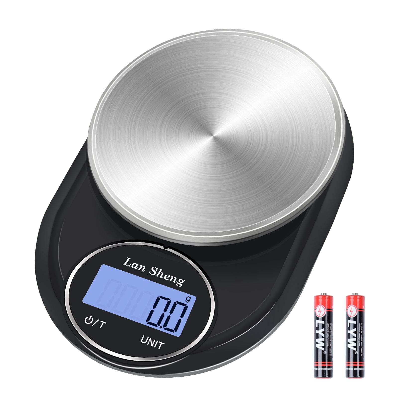 Food Scale - Lan Sheng 5000g/0.1g Digital Kitchen Scale Weight Grams and oz for Cooking, Baking, and Weight Loss，7 Unit/Adjustable Shutdown Time/HD LCD/Stainless Steel (Batteries Included)