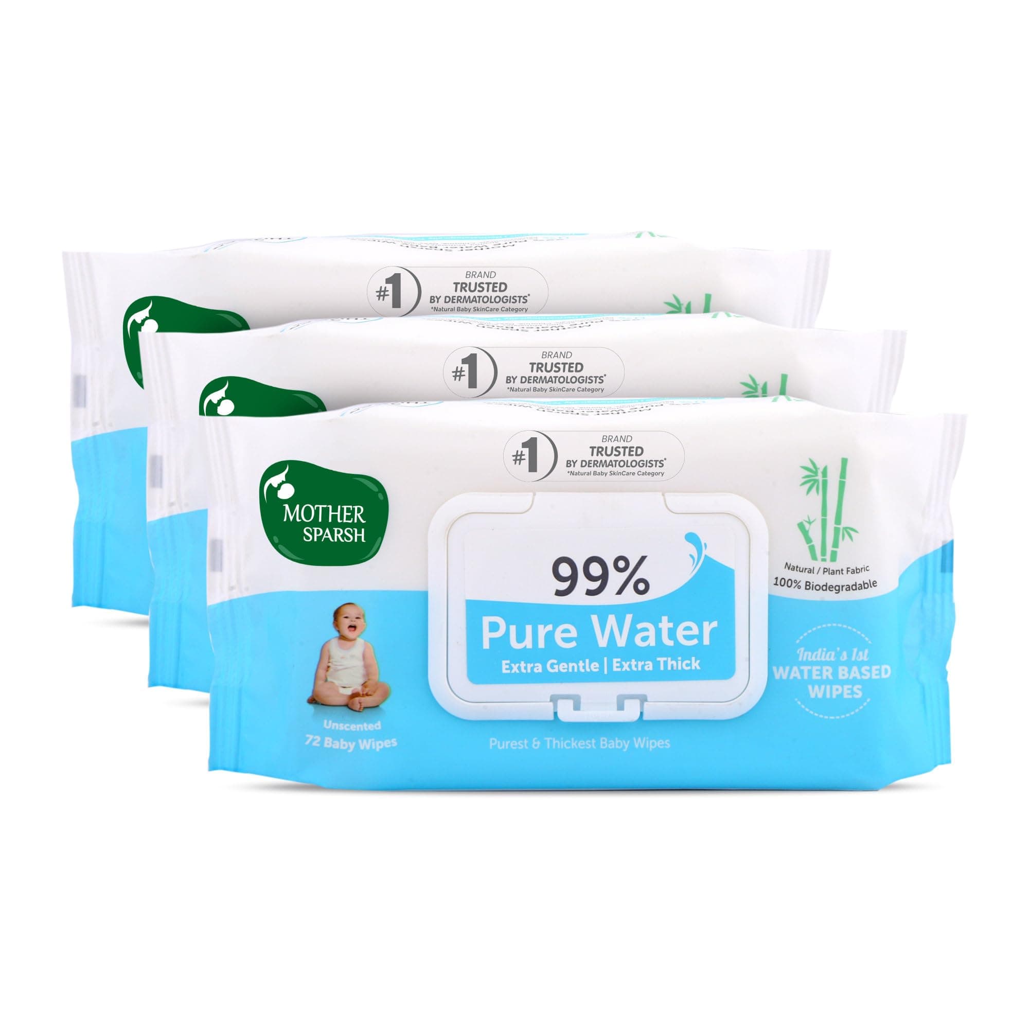 99% Pure Water (Unscented) Baby Wipes I Natural Plant Made Cloth - Super Thick I 72pcs/Pack - Pack Of 3