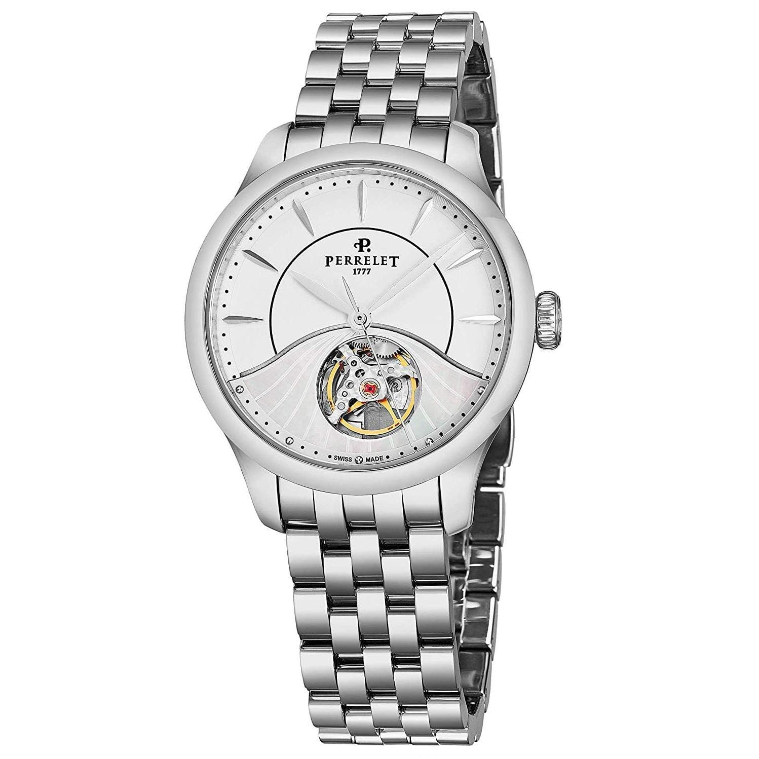 Perrelet First Class Lady Open Heart Womens Automatic Watch - 35mm Mother of Pearl Face Ladies Dress Watch with Second Hand - Stainless Steel Band Swiss Made Luxury Watches for Women A2067/9