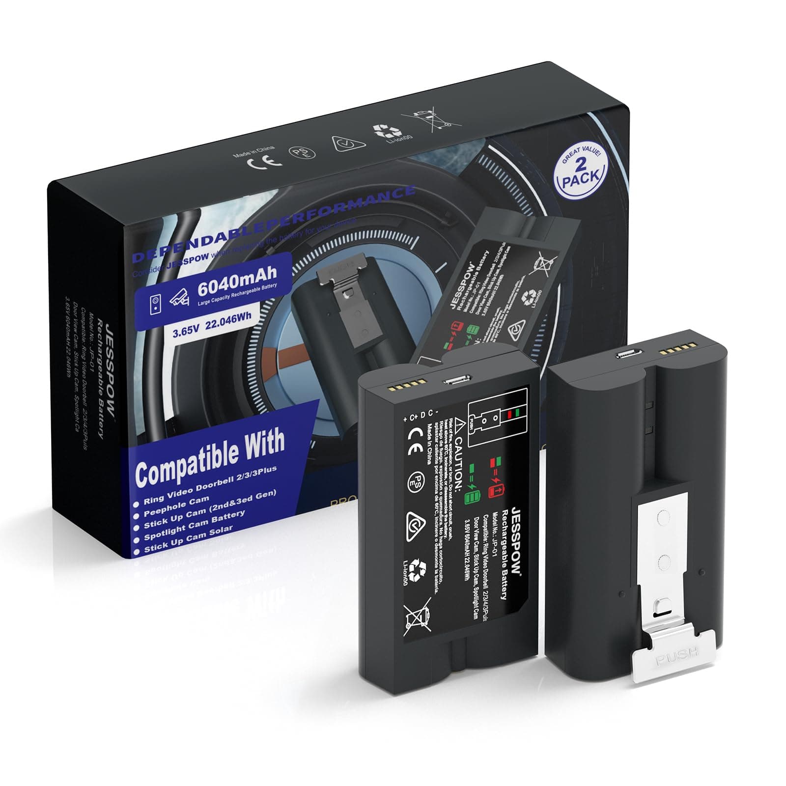 2-Pack 6040mAh Rechargeable Battery with Ring, Replacement Battery for Ring-Doorbell Camera 2/3/4, Spotlight Camera and Stick Up Cam，Rechargeable Upgraded Lithium Li-ion Batteries 3.65V Camera Indoor