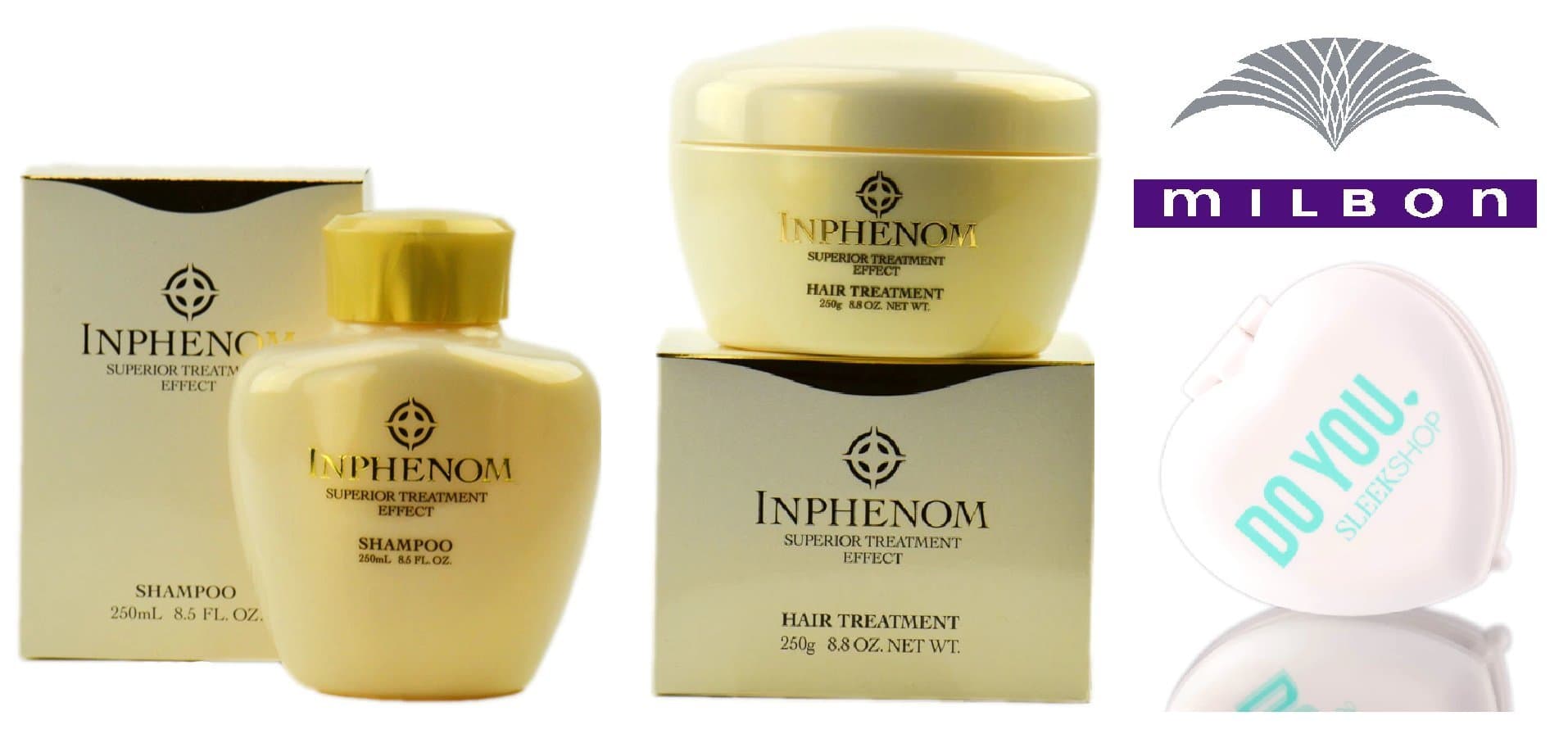 Inphenom SHAMPOO & Hair TREATMENT DUO Set, superior treatment effect by Milbon (with Sleek Compact Mirror) (8.5 oz + 8.8 oz - Retail DUO Kit)