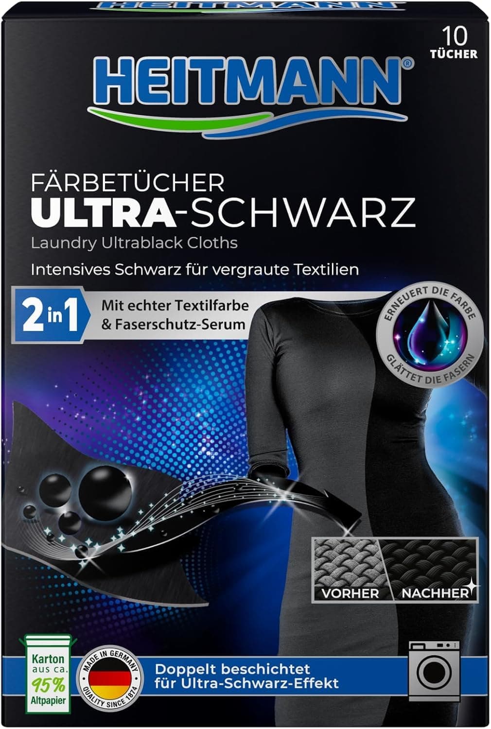 Heitmann in-wash Residue-Free Textile dye Sheets for Faded Out Clothes (Gray Becomes Black Again) 10 Sheets